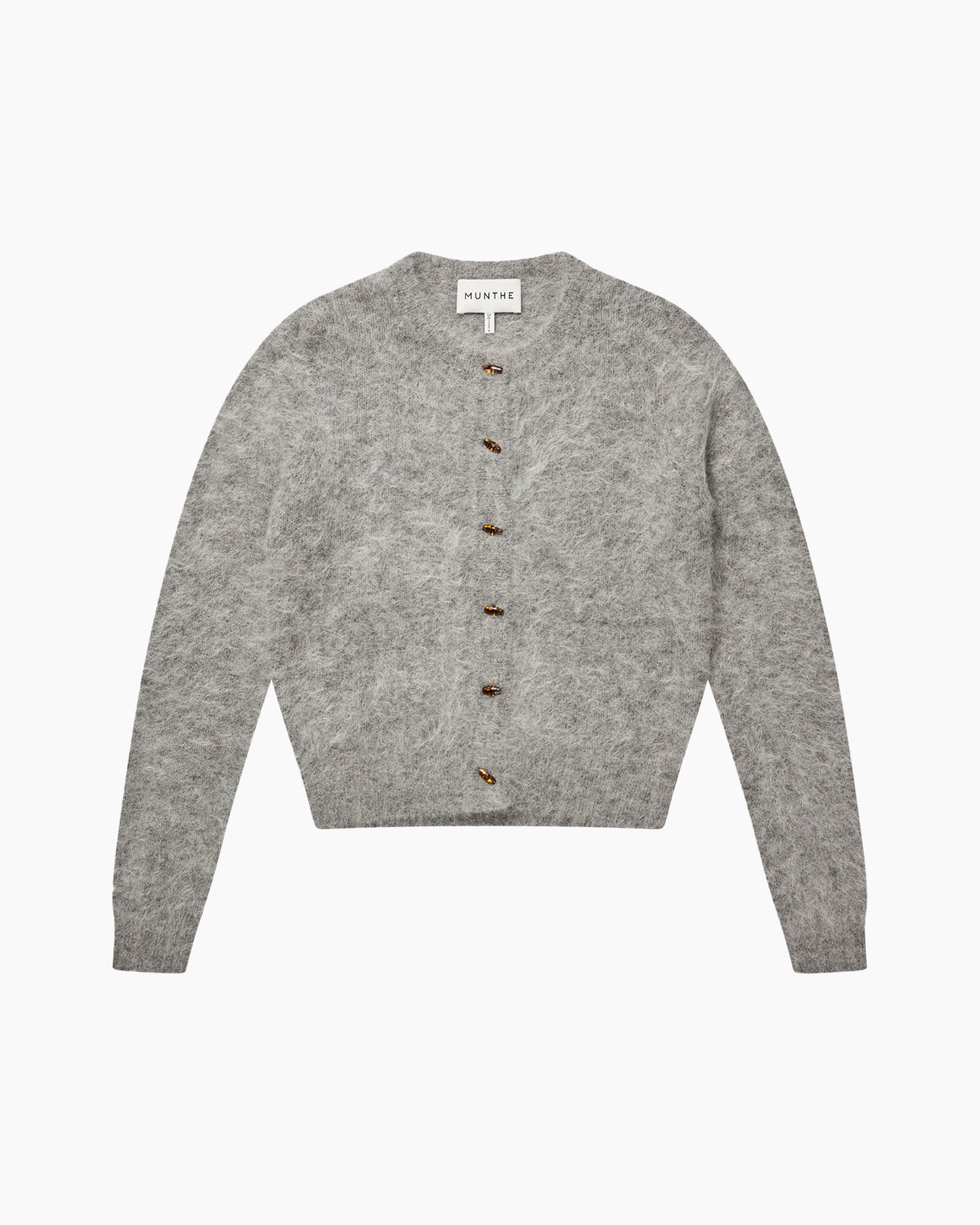 cardigan, breipull, grijs, knopen, rundhals
