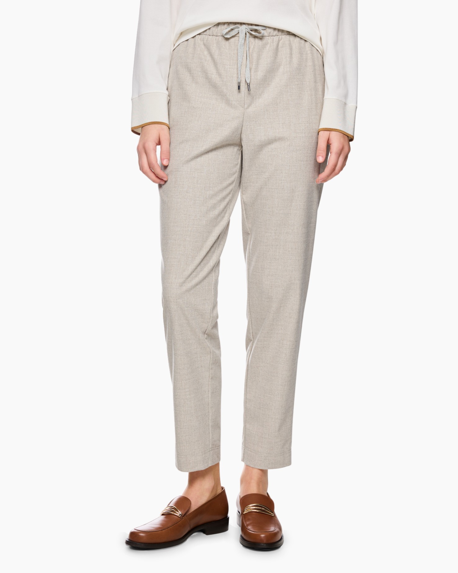 broek met trekkoord, beige, geweven stof, taps toelopende pijpen