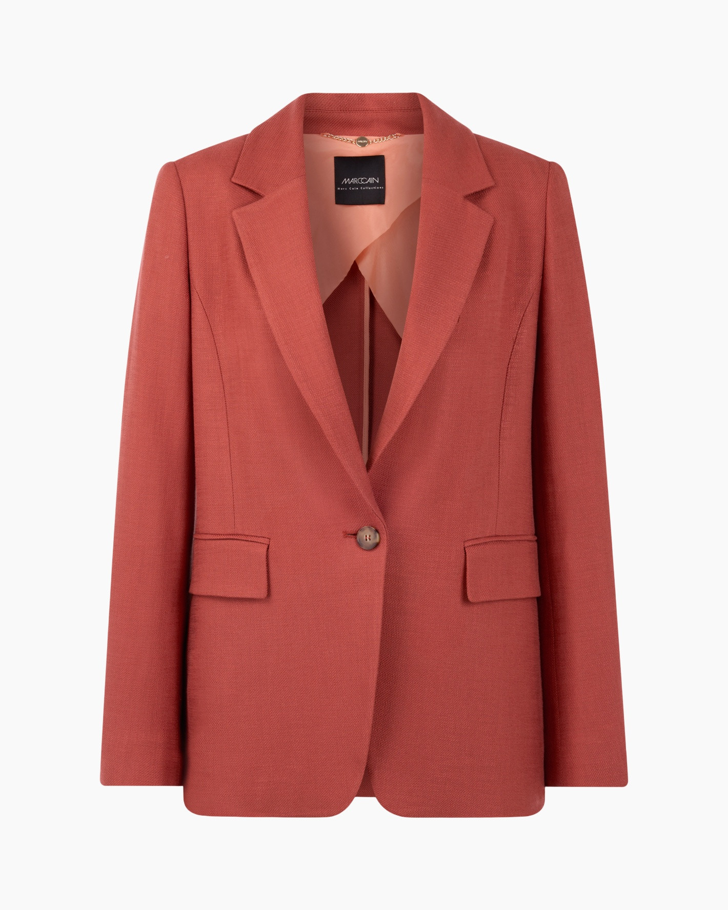 blazer, single-button, peach, slitless, notched-lapels