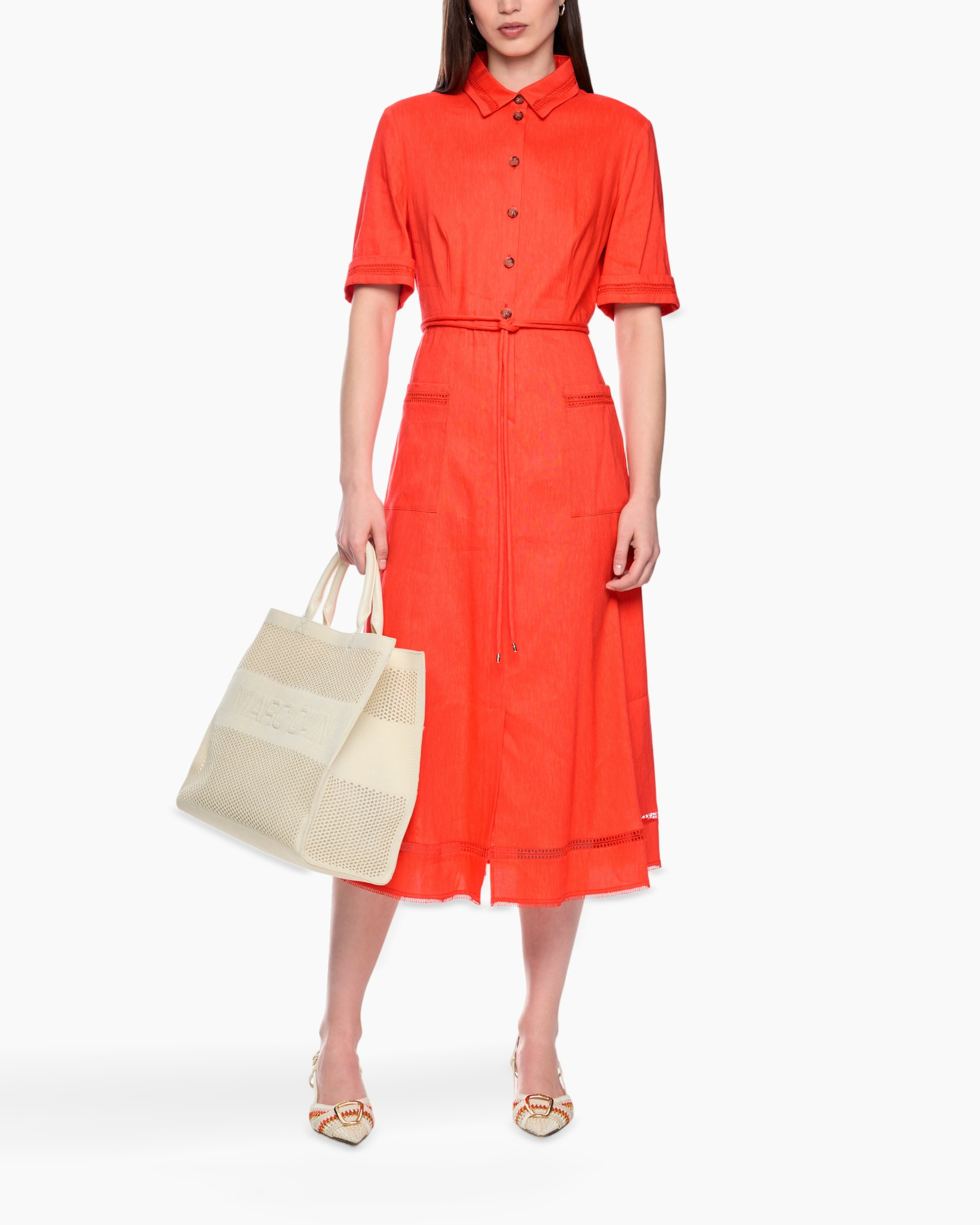 jurk, midi, linnen, kraag, oranje