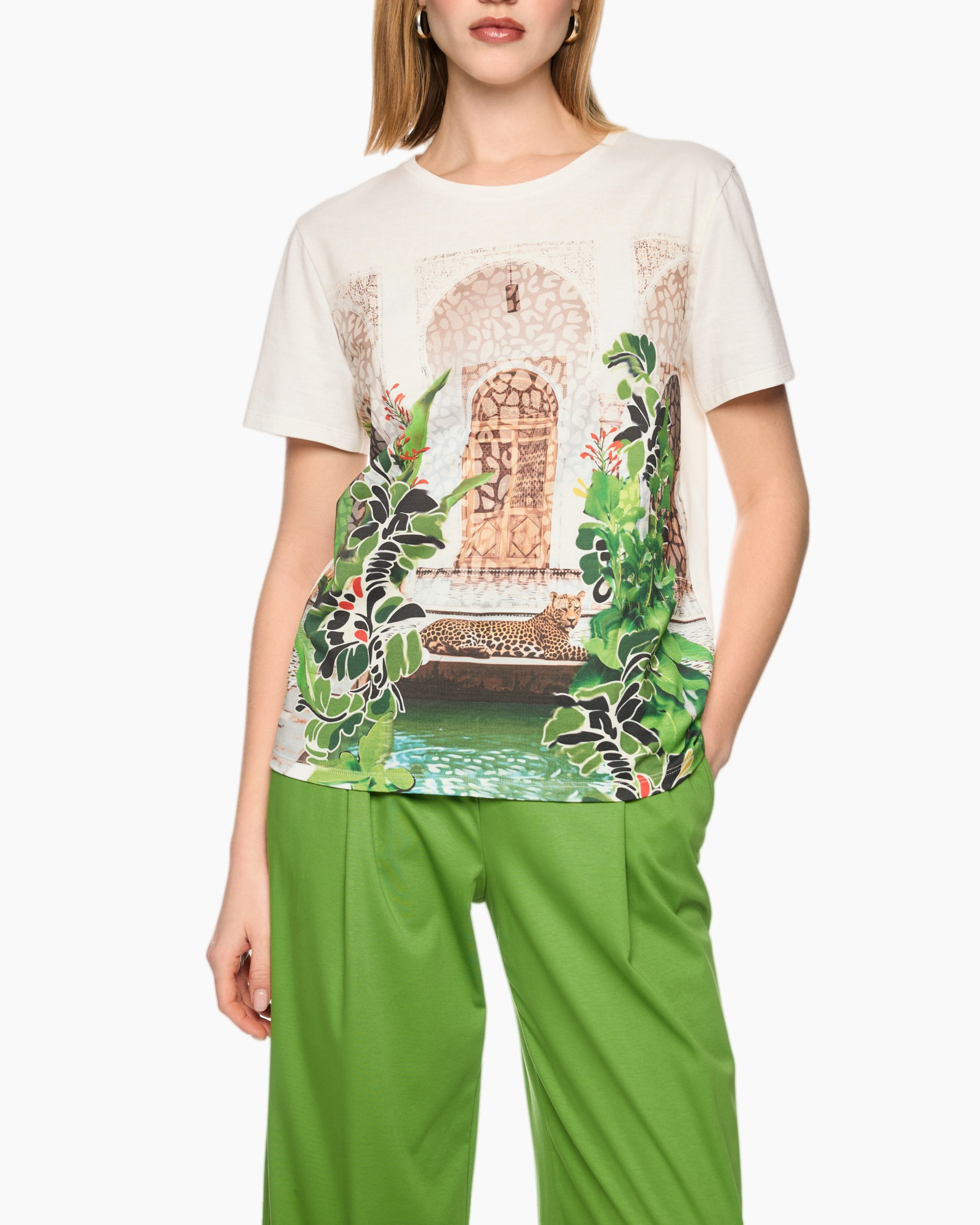 hemd, grafisch, print, groene broek, cropped look