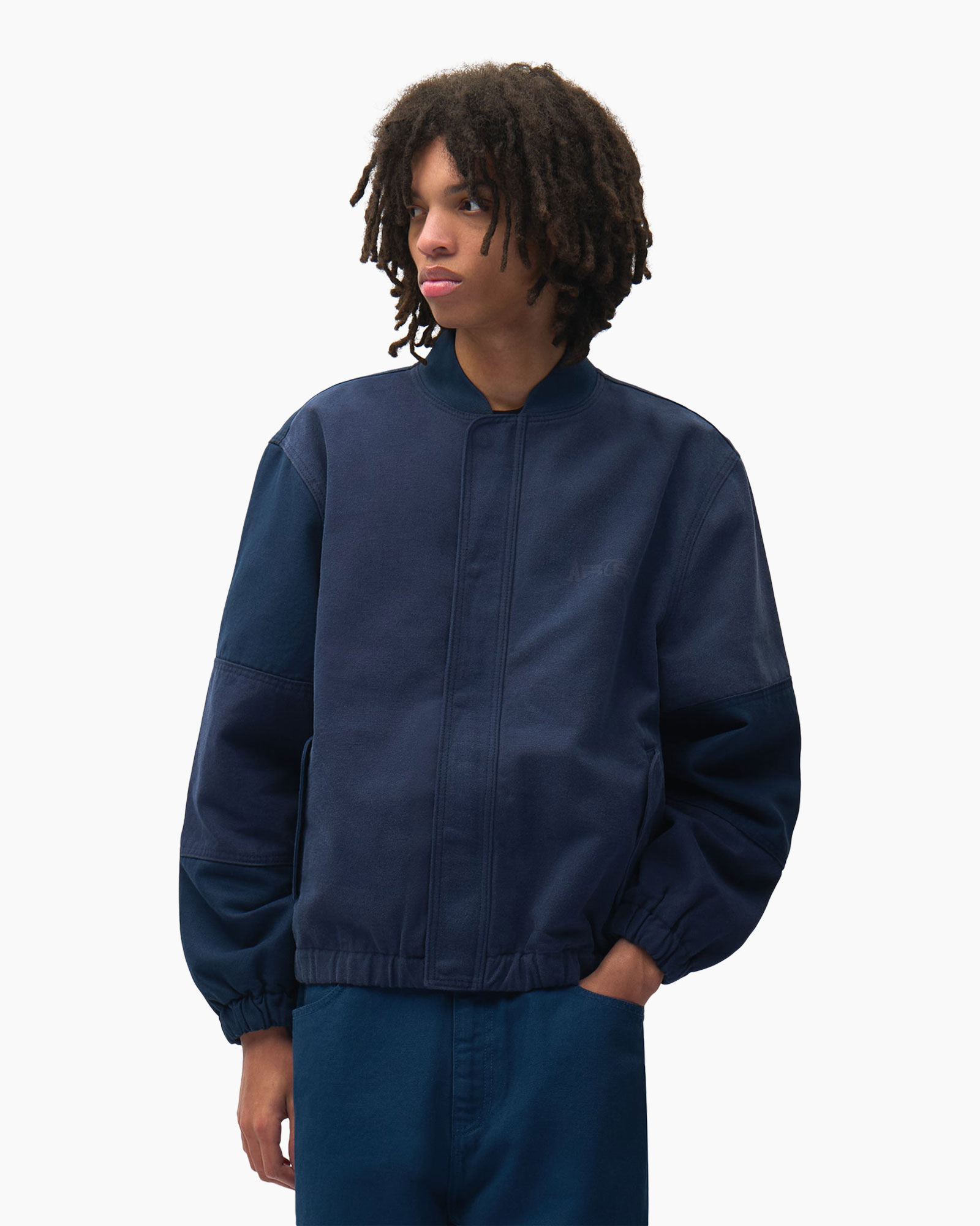 jas, bomberjack, marineblauw, lange mouwen, effen kleur