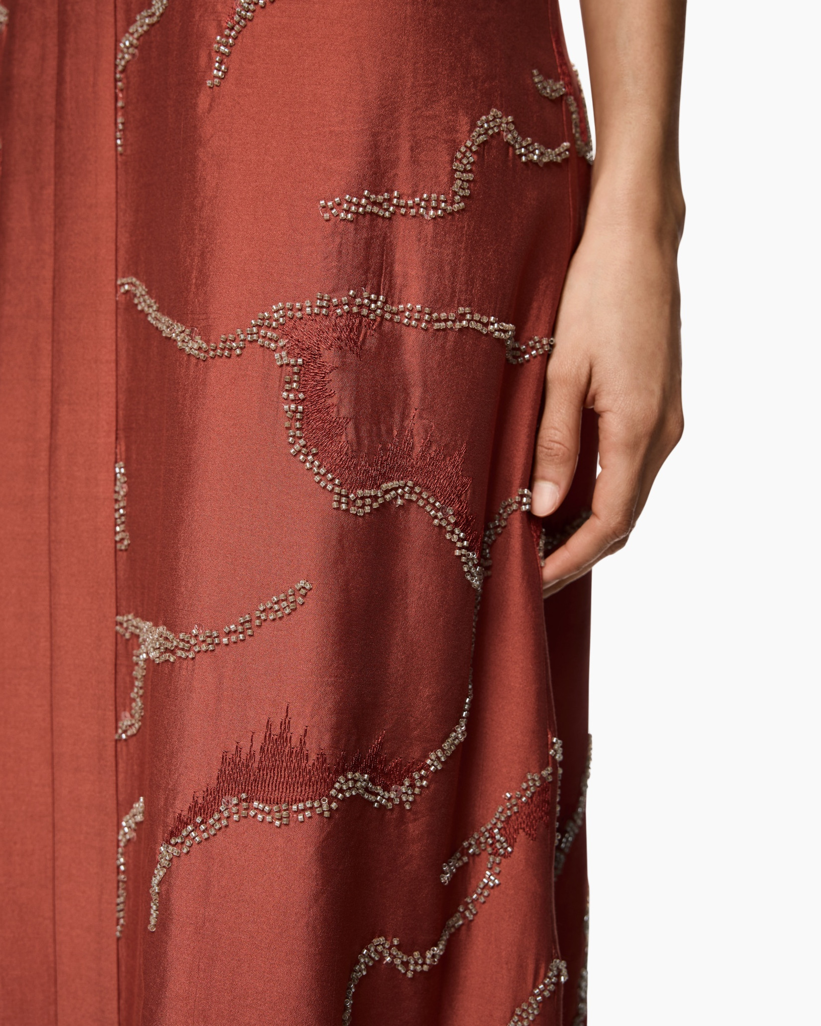 dress, rust, embellished, beaded, bodice detail