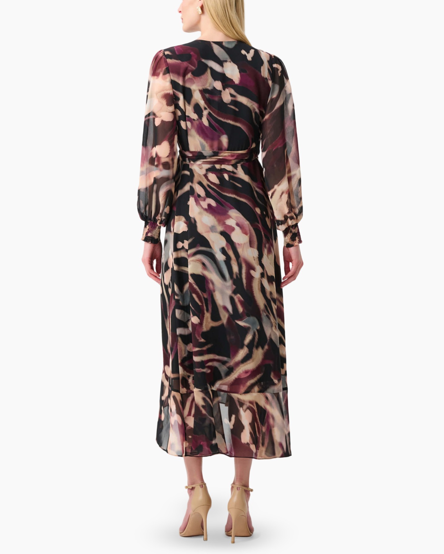 jurk, lange mouw, abstract print, middellange tot lange jurk, flowy rok