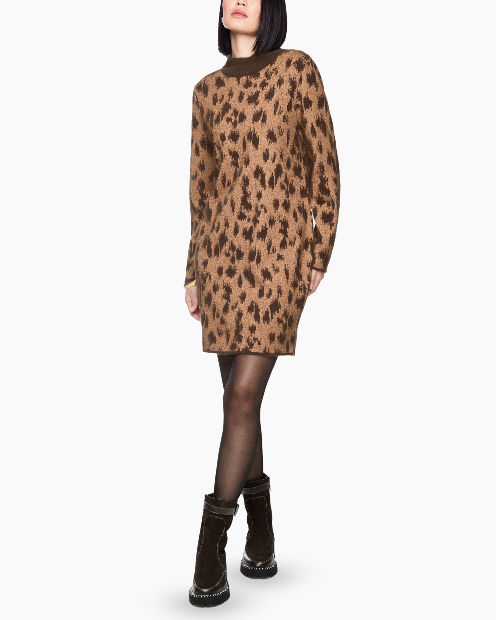 jurk, leopard print, brede breisel, lange mouwen, korte lengte