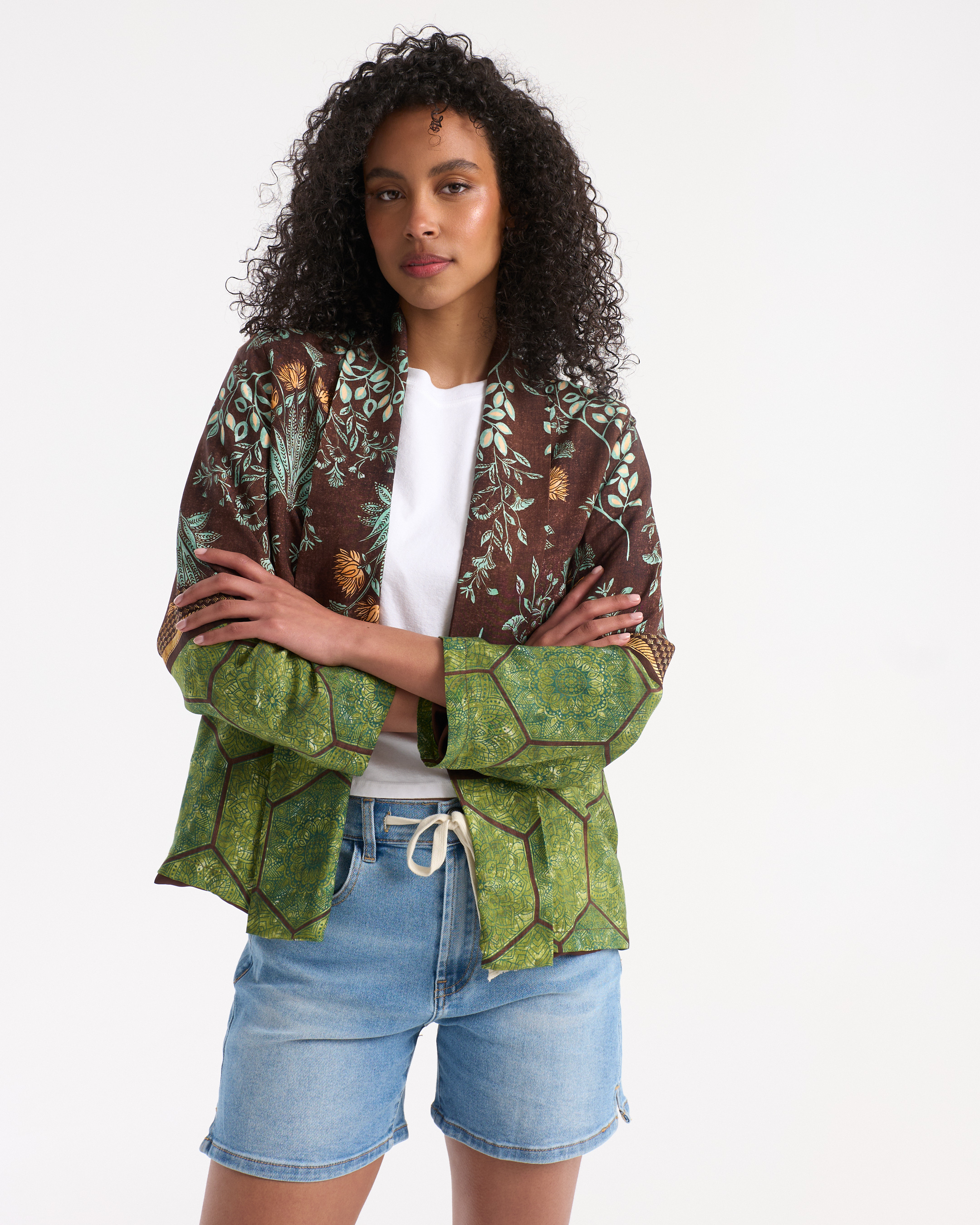 kimono, botany print, groene bruine kleuren, gelaagde jas, casual kleding