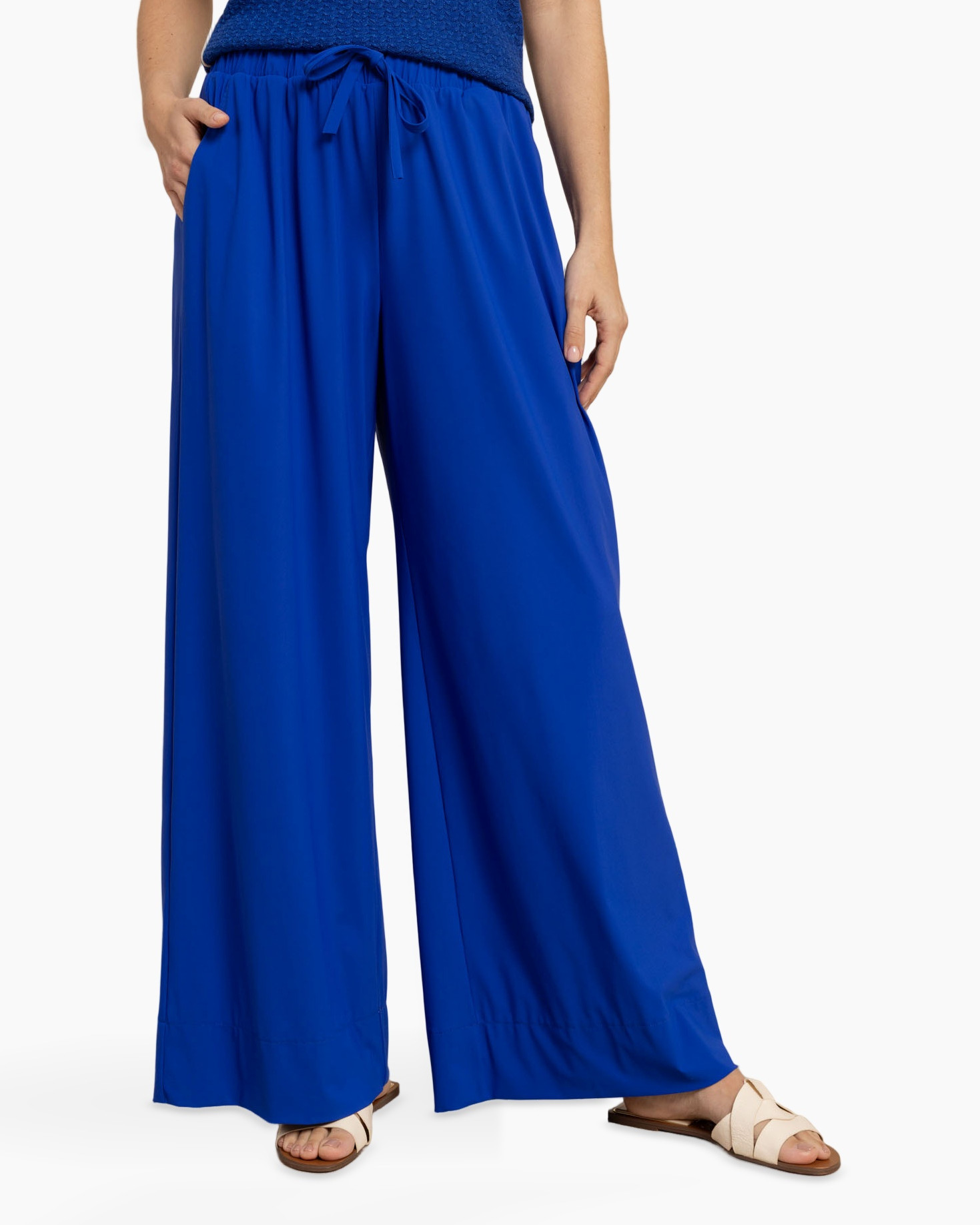 broek met wijde pijpen, palazzo broek, elastische taille, koordsluiting, koningsblauw