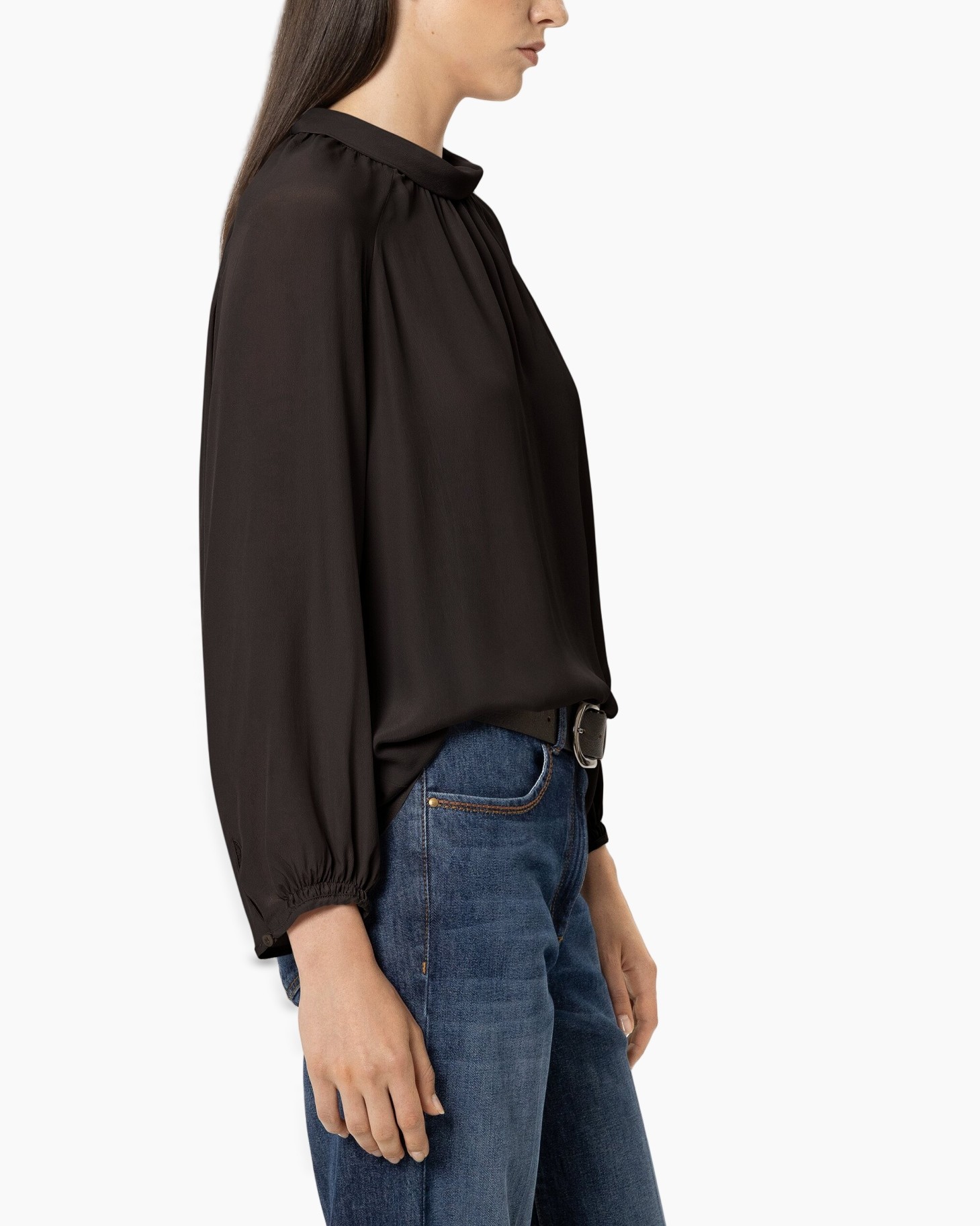 blouse, lange mouwen, halslijn hoog, zwart, satijn