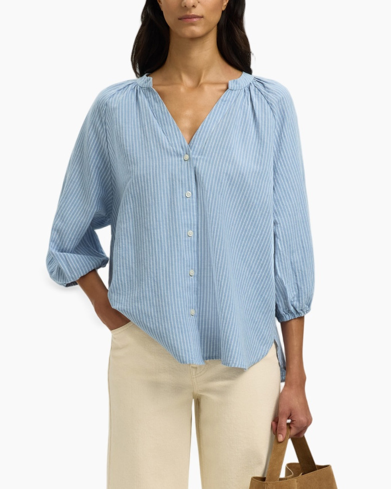 blauw gestreepte blouse, linnenlook, knopenblouse, lange mouwen, v-hals