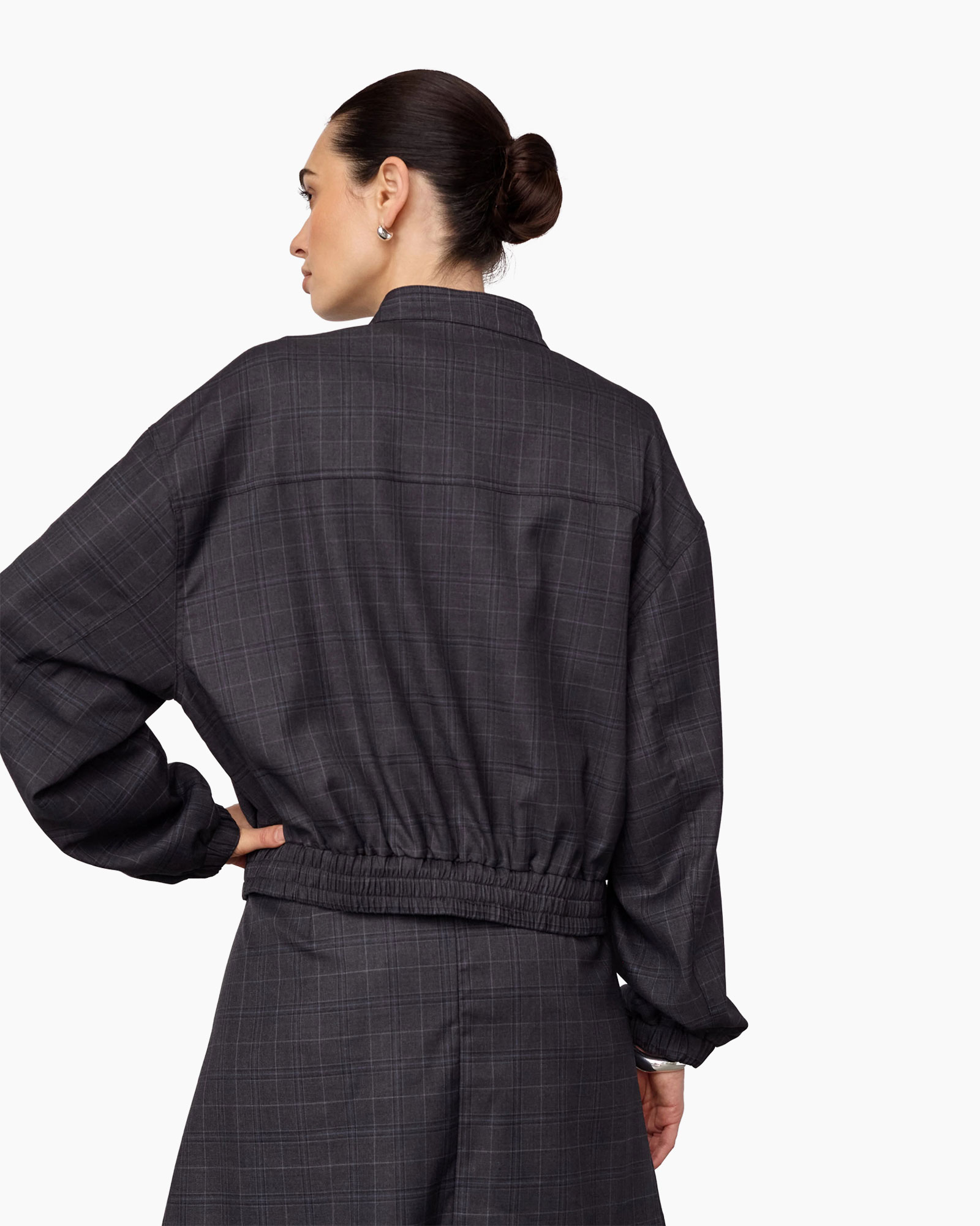 jas, buitenkleding, ruitjes, grijs, elastische- taille