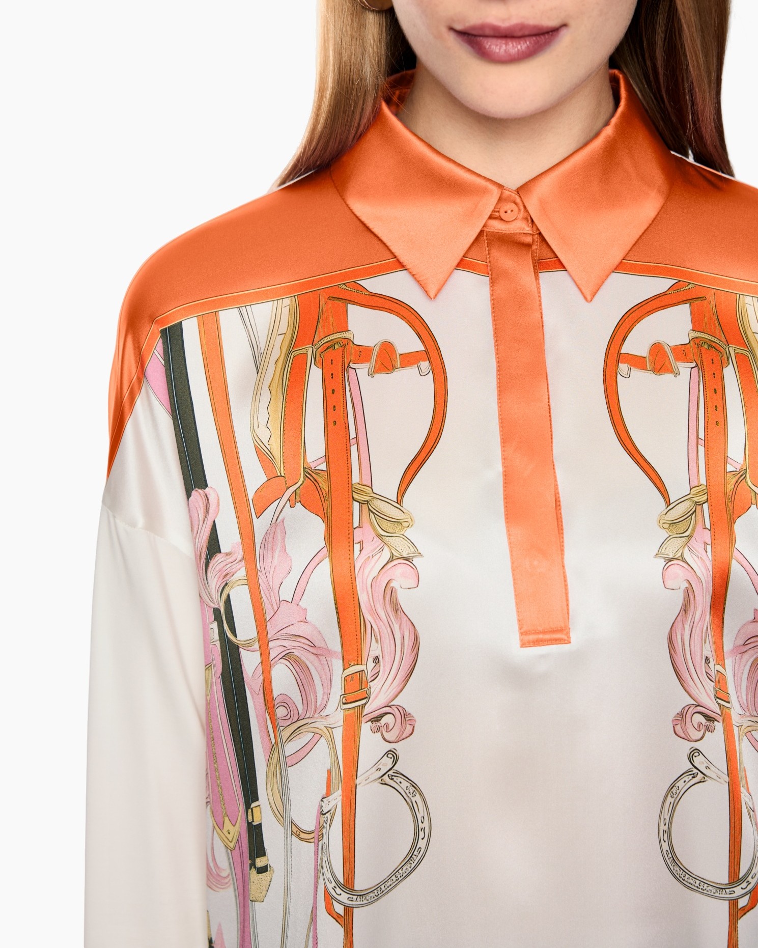 zijden overhemd, oranje kraag, druck ontwerp, bib detail, lange mouw