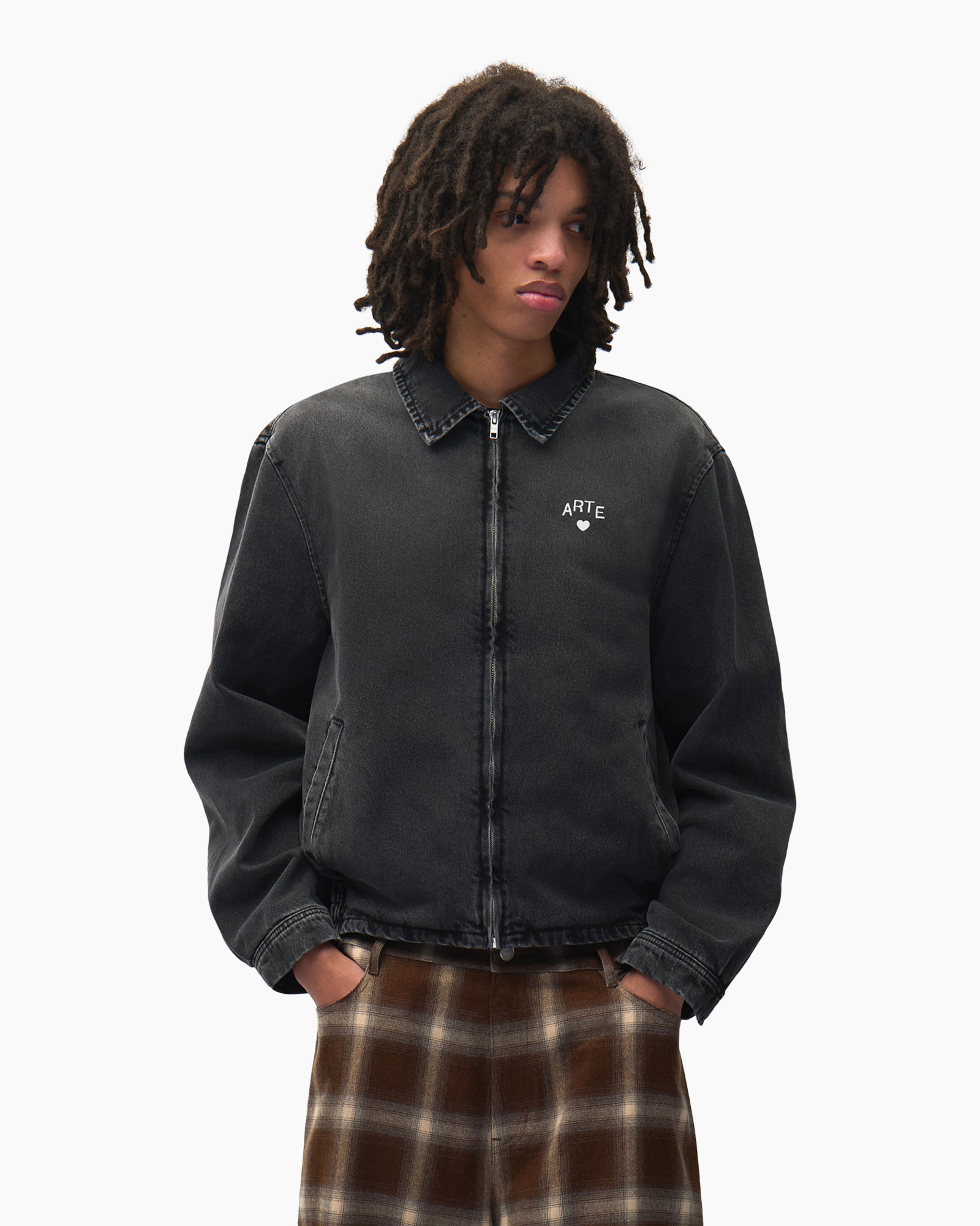 jas, denim, zwart, rits, kraag