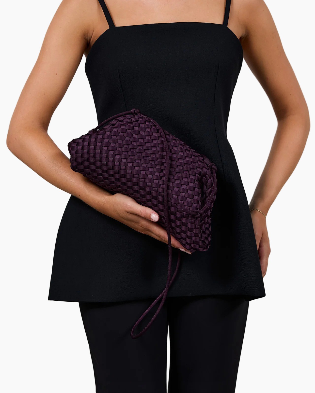 avondtas, geweven clutch, paars, portemonnee, riem/strap