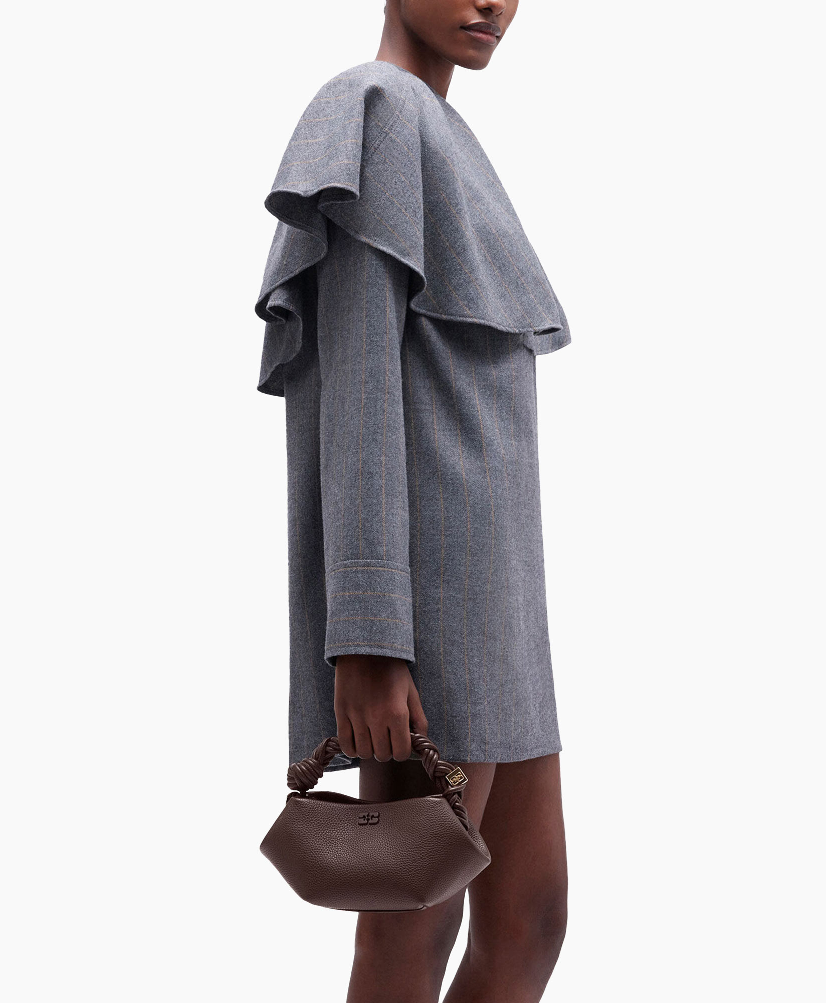 dress, mini dress, ruffle sleeve, gray pinstripe, leather handbag