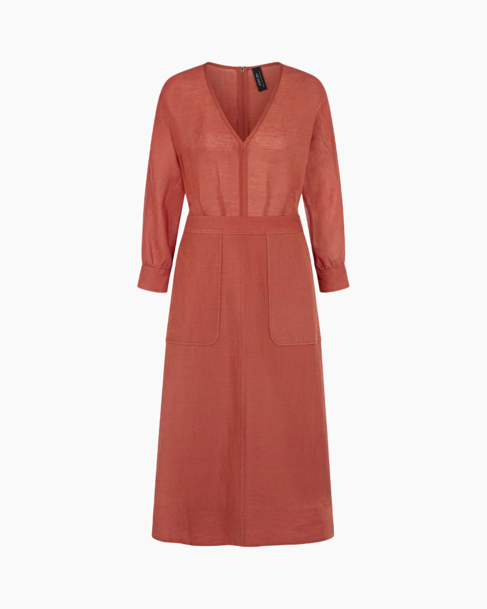 dress, linen, long-sleeve, v-neck, mid-length