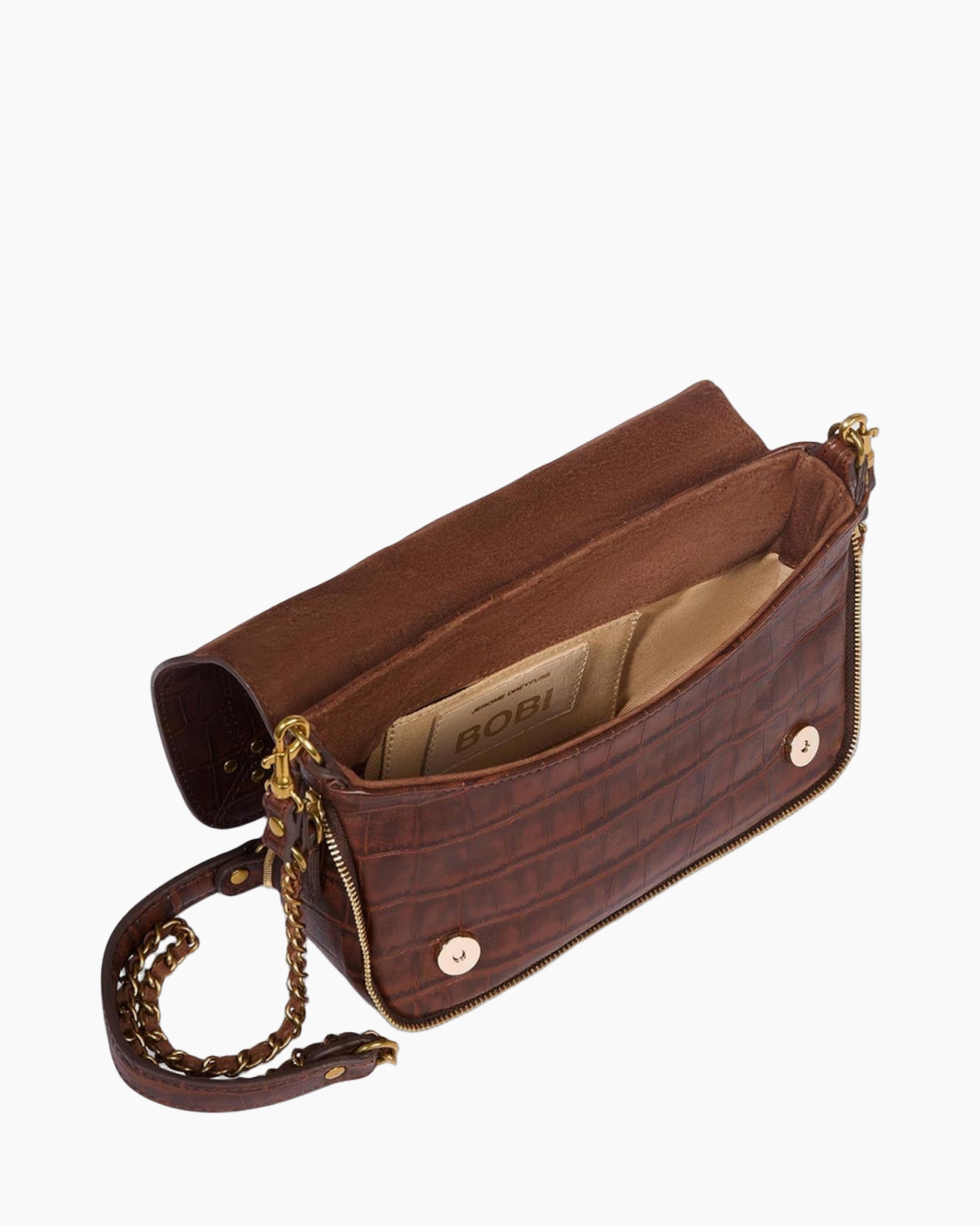 bruin, clutch, kettingriem, rits, textured