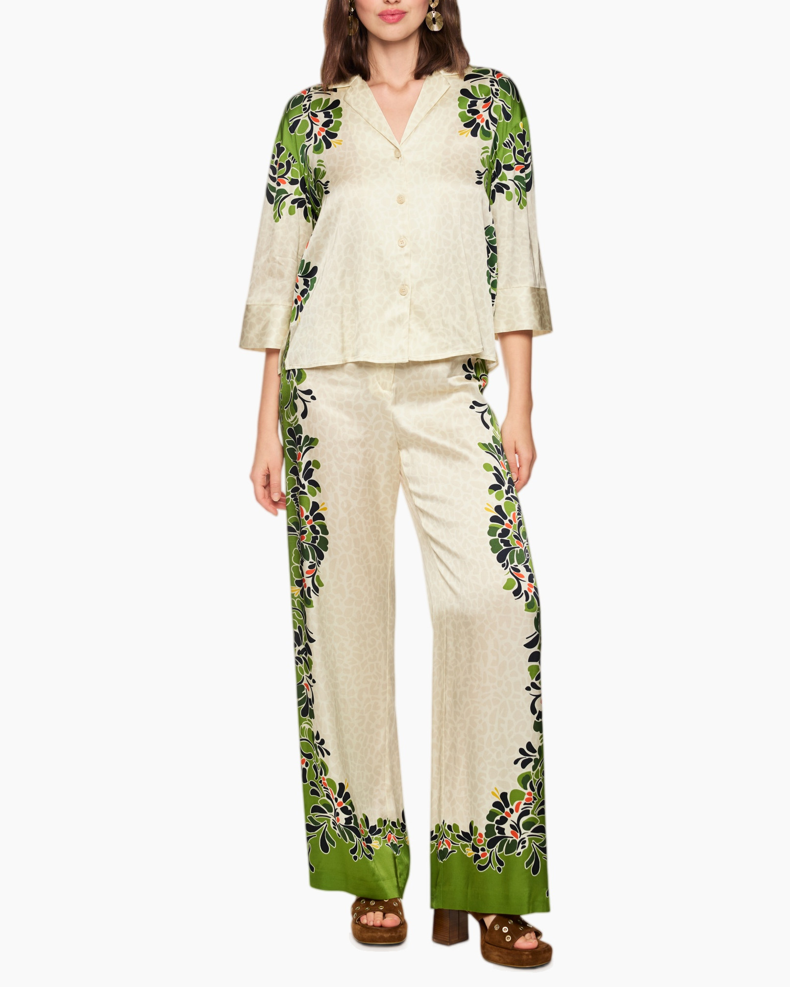 zijde, pyama-set, bloemenprint, crème, wijdelamse broek