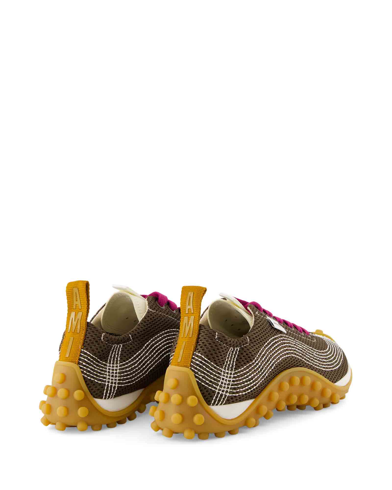 sneakers, mesh, bruin, gele zool, gumzool