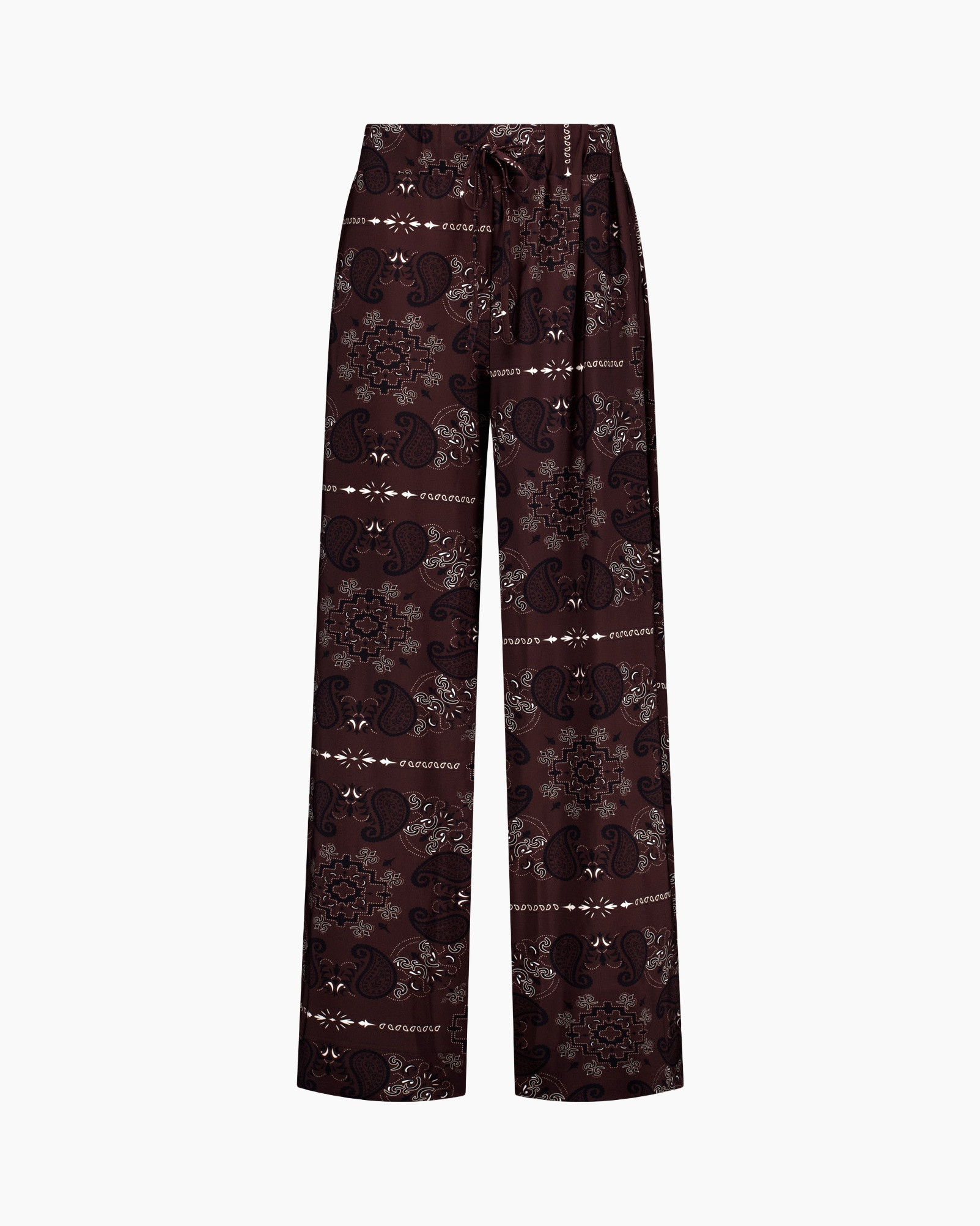 pantalones palazzo, pierna ancha, patrón de flor de loto, cintura con cordón, marrón