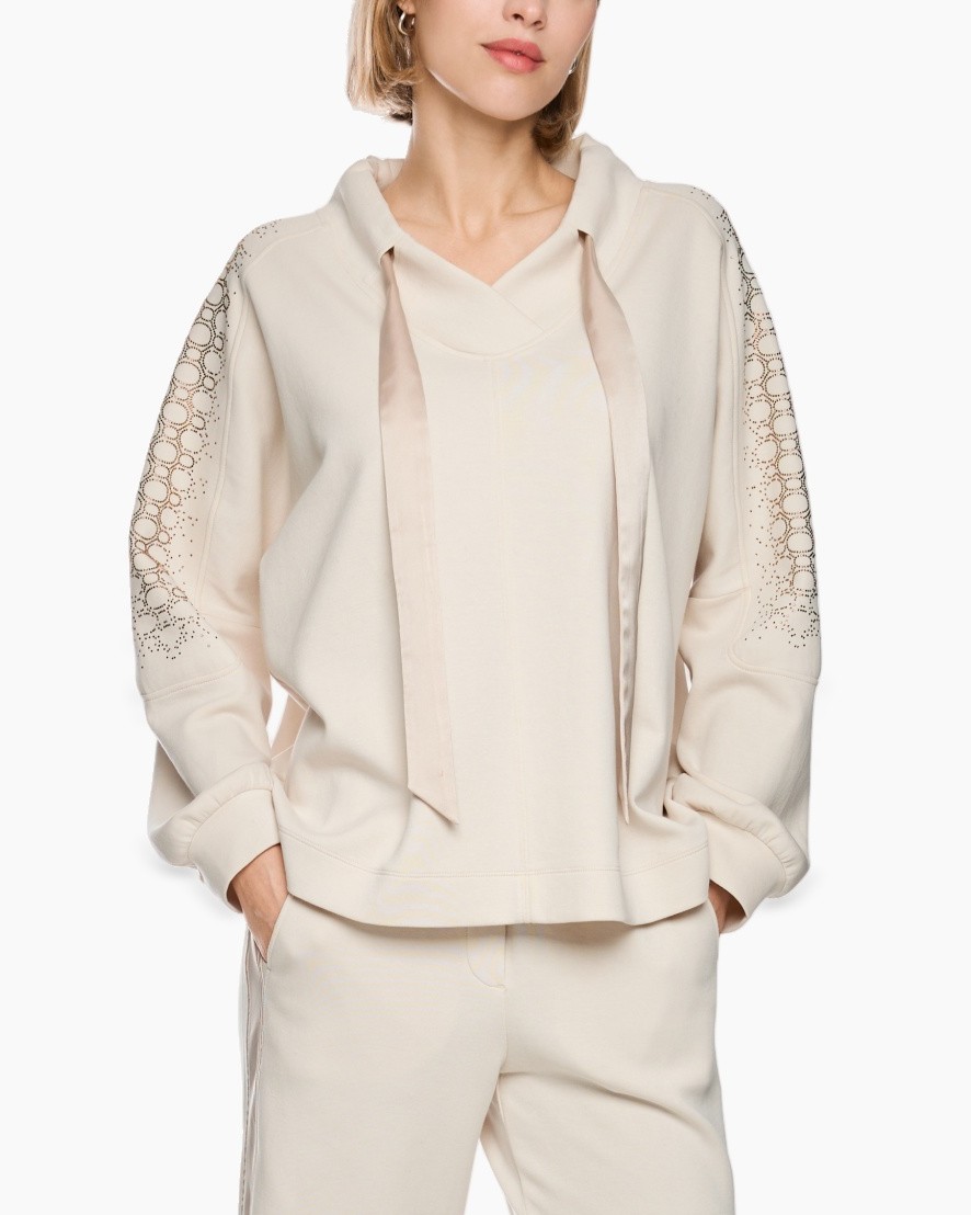 beige hoodie, mouwen met kant, trekkoord capuchon, lange mouwen, zachte stof