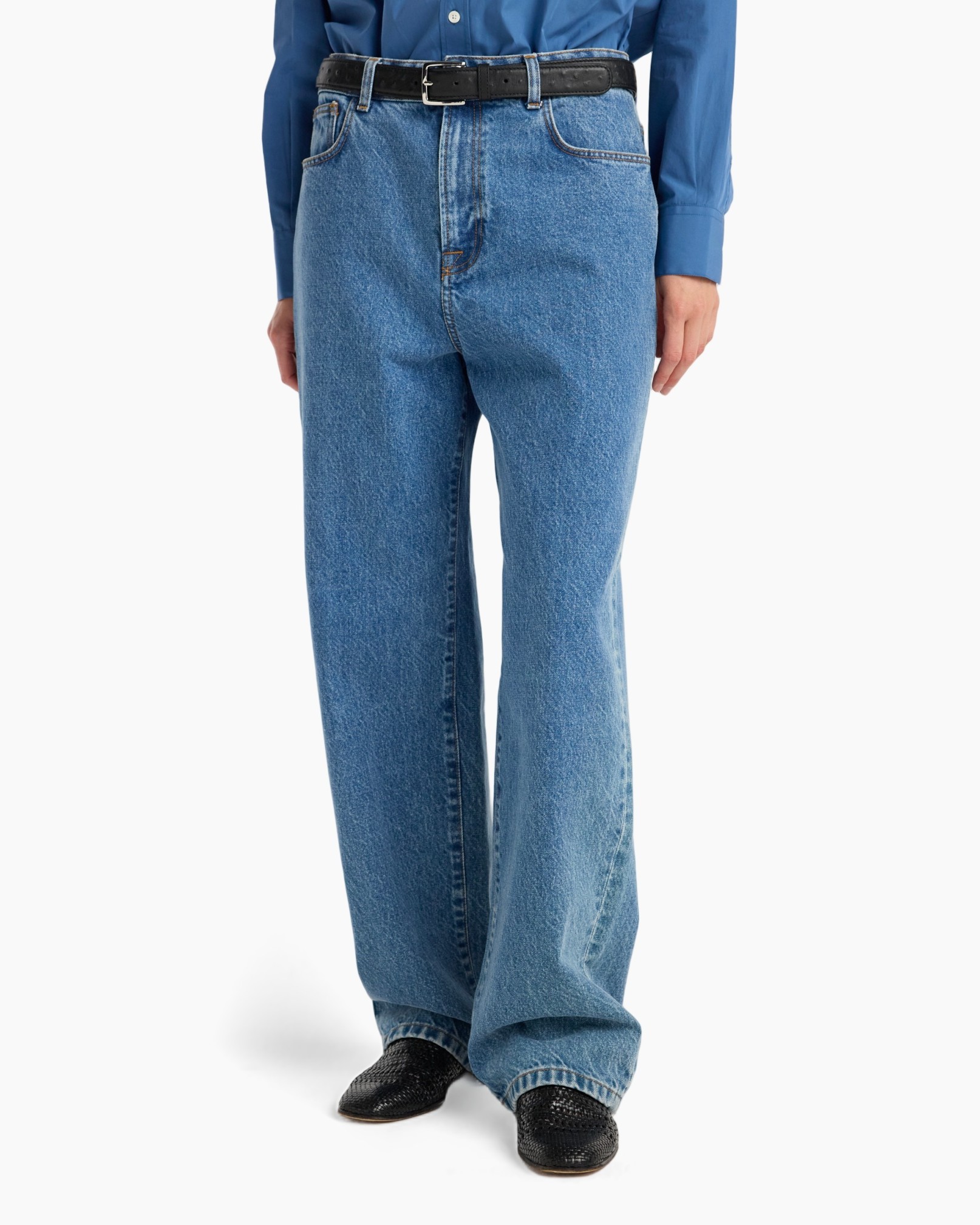 spijkerbroek, blauwe spijkerbroek, hoge taille, wijd uitlopend, riem