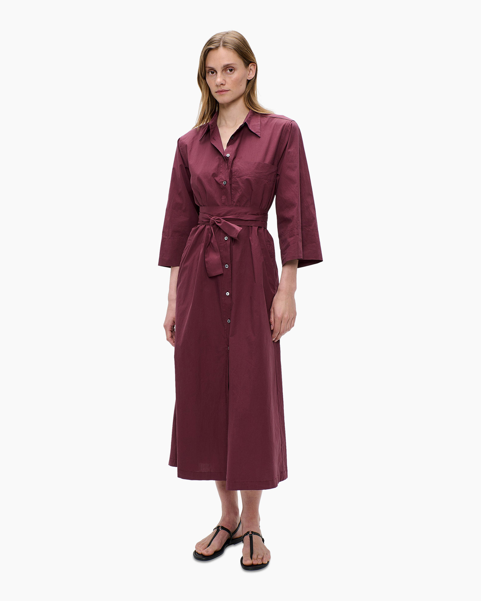 jurk, overhemdjurk, middellang, riem, bordeaux