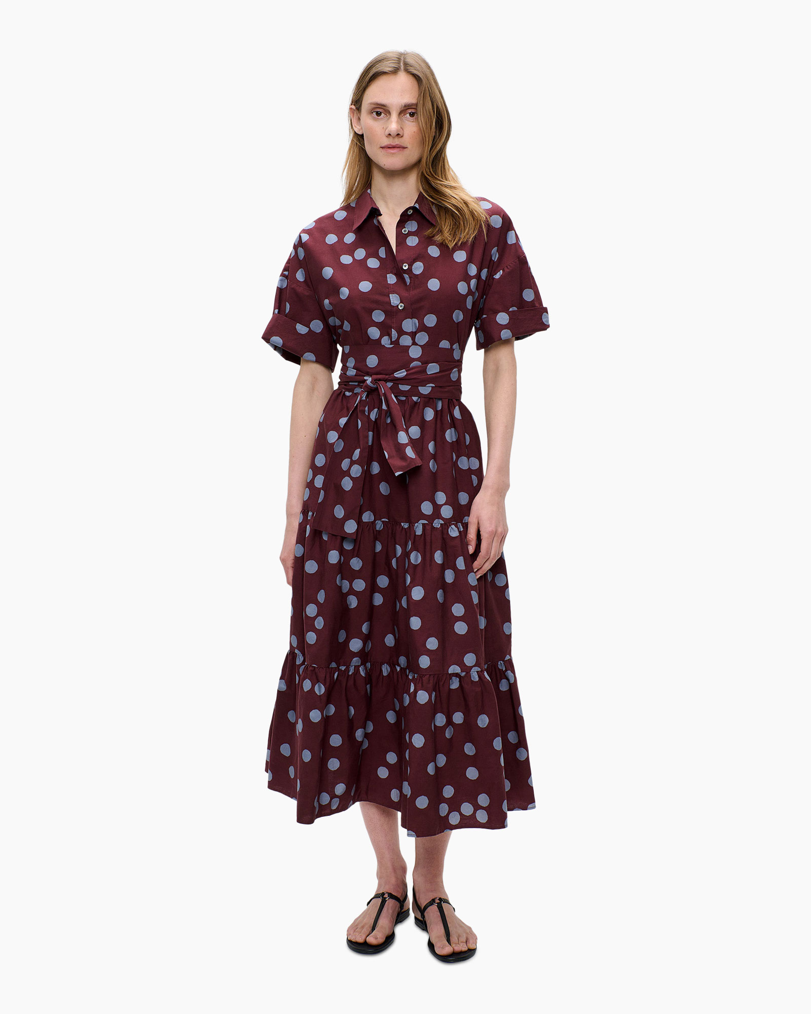 jurk, polkadot, midi lengte, riem, korte mouwen