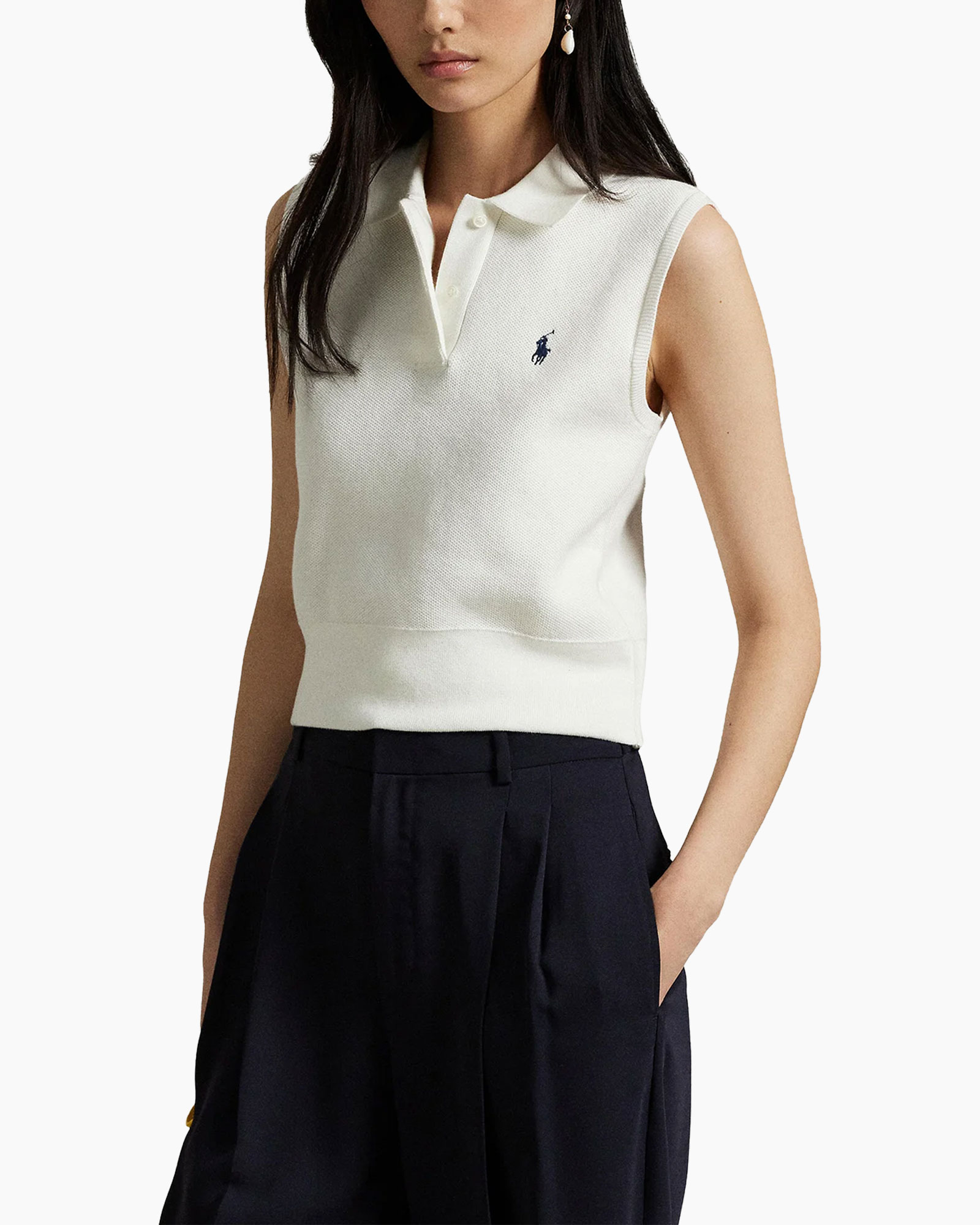 polo, sleeveless, knit, white, logo