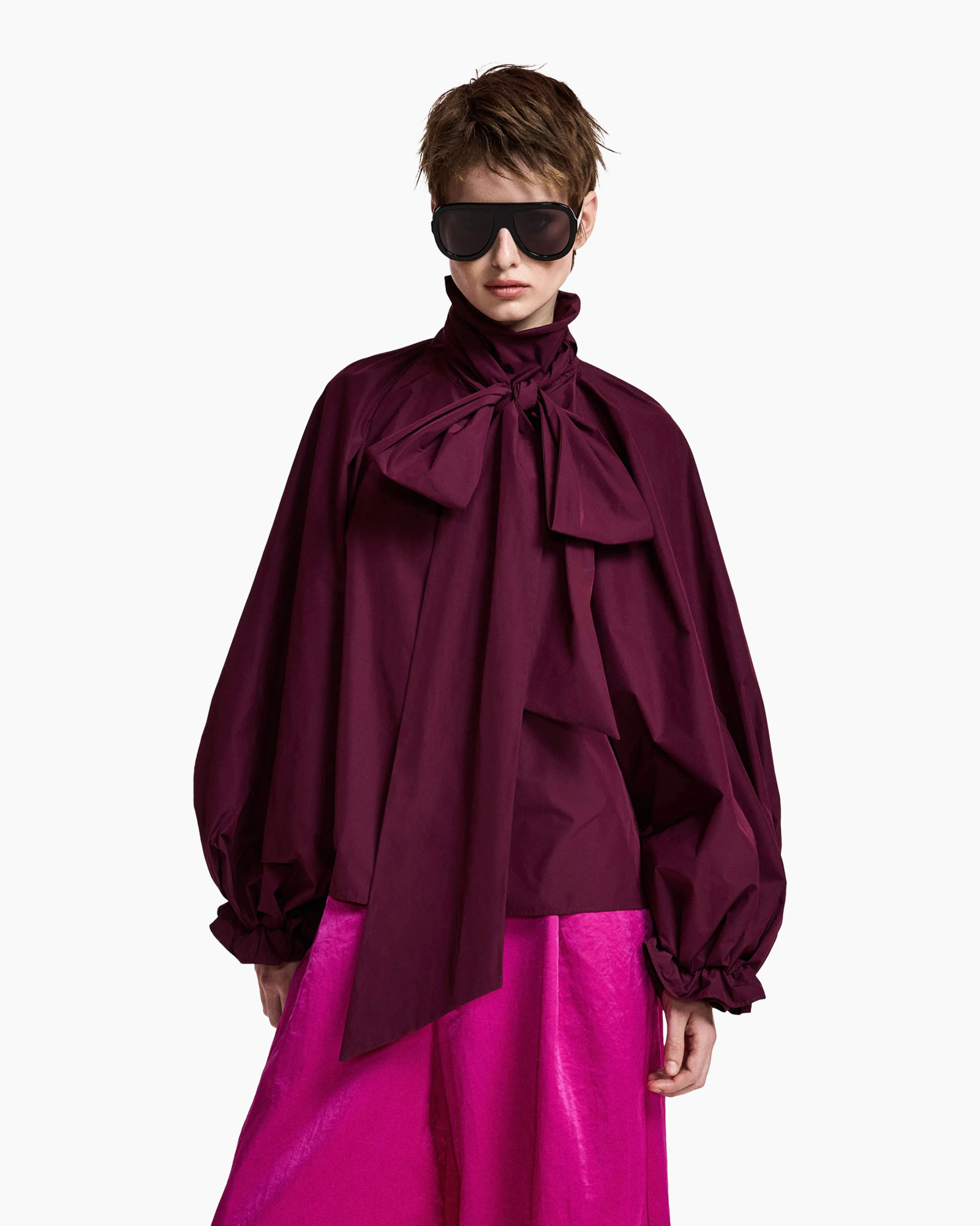 blouse, jumper, puff sleeve, halslijn hoog, striksluiting