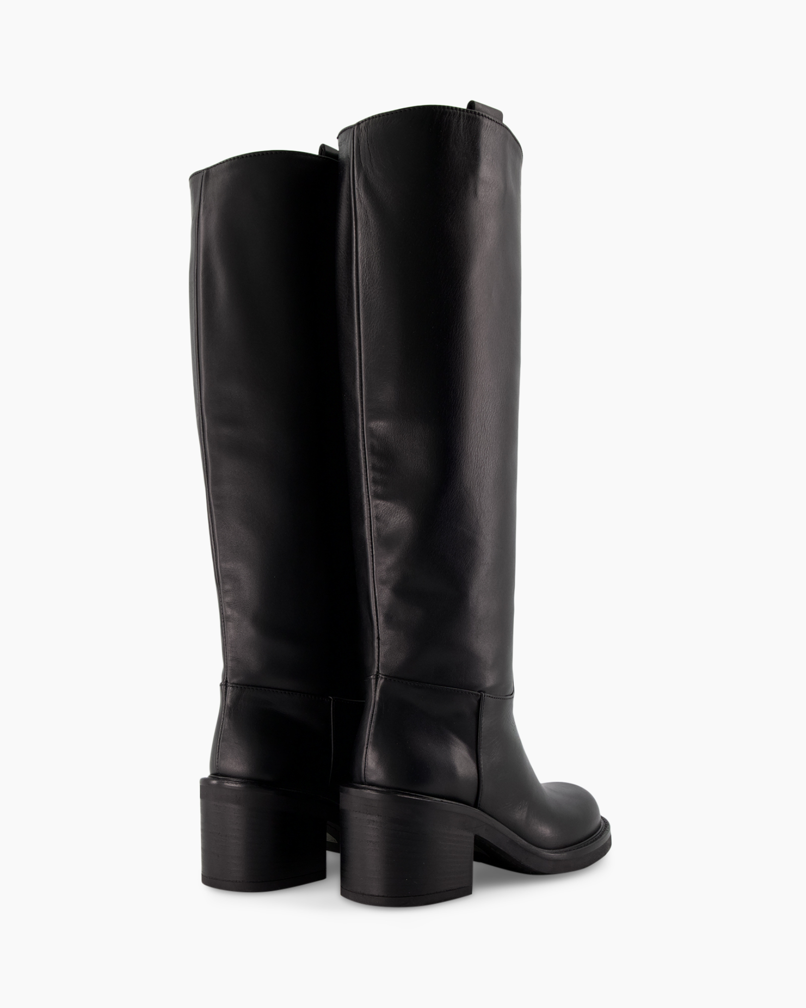kniehoog boots, zwarte leer, middelhoog hak, rondneus, slouch shaft