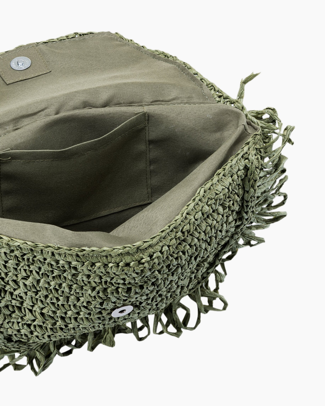 woven bag, crochet bag, green bag, inner pocket, fringe edge