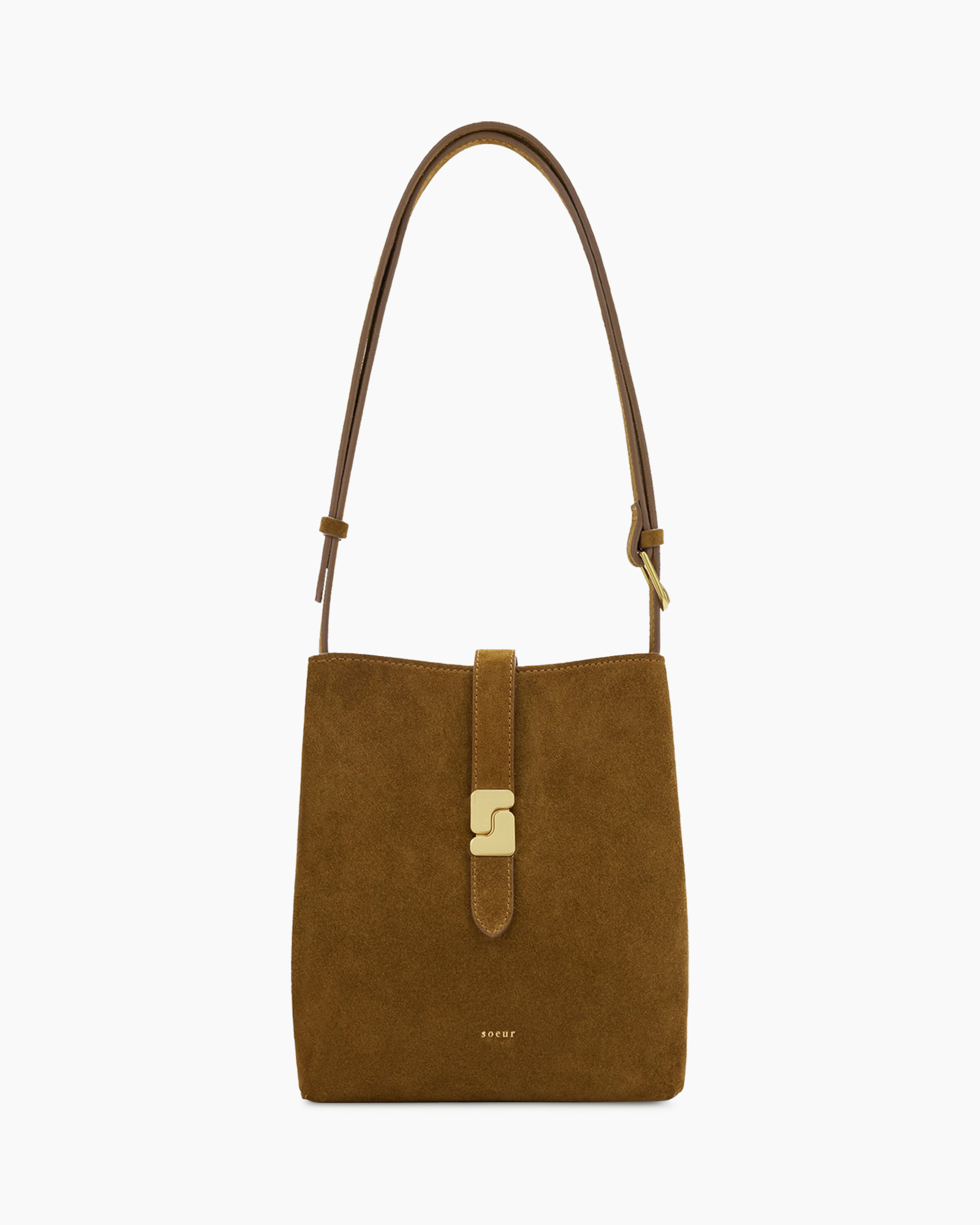 tas, schoudertas, suède, bruin, metaalklemmen