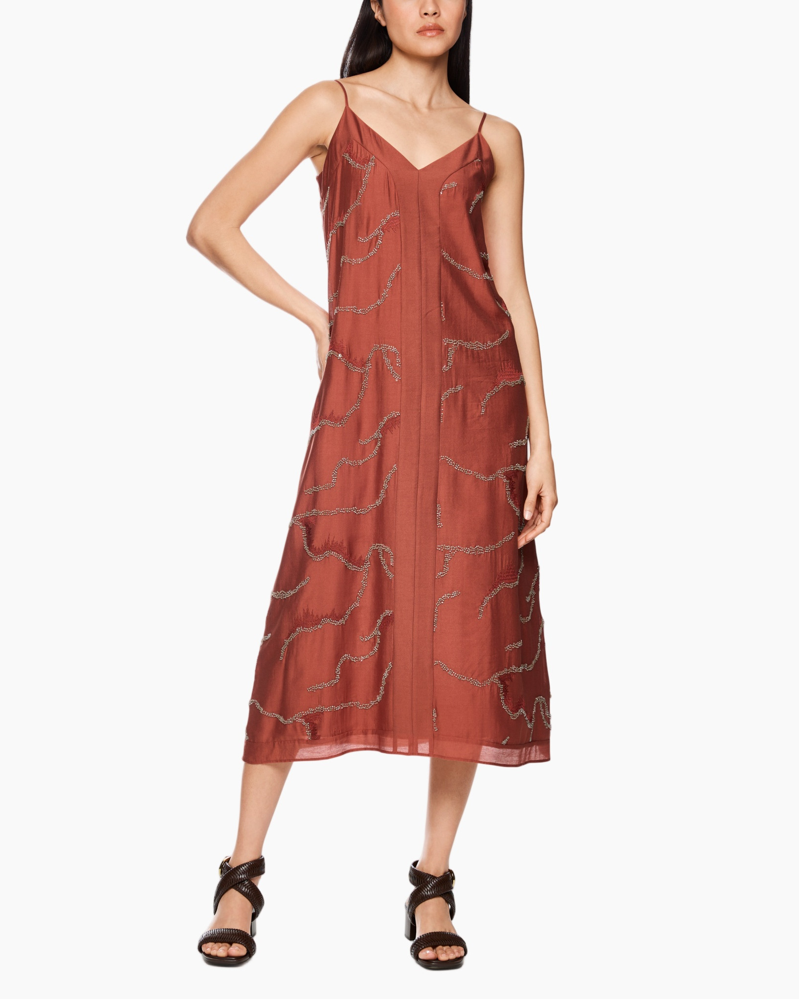 dress, mid-length, rust, embellished, strappy