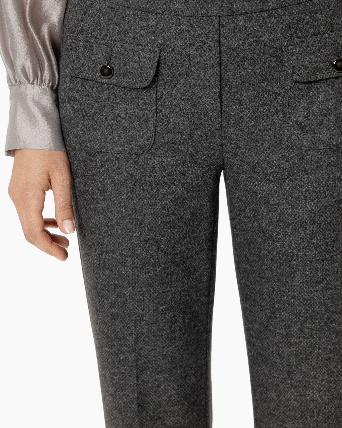 broek, tweed, grijs, voorkant zak, knopzak