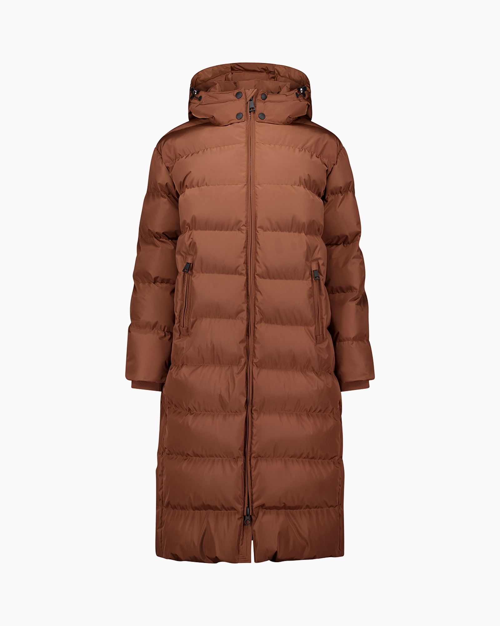vlechter jas, puffer jas, lange jas, met kap, bruine kleur