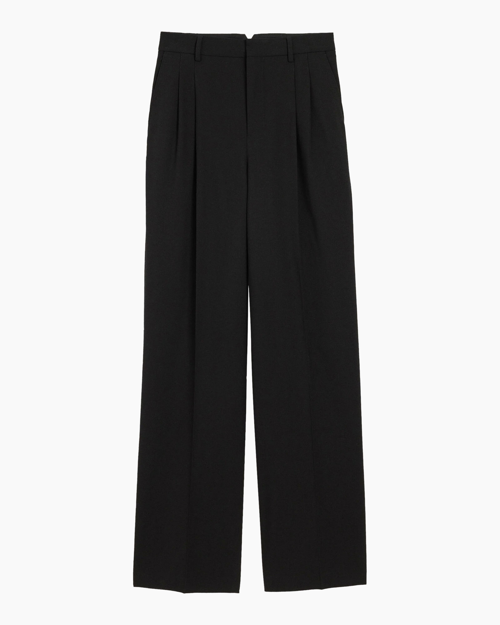 broeken, zwart, wijd uitlopend, geplooid, hoge taille