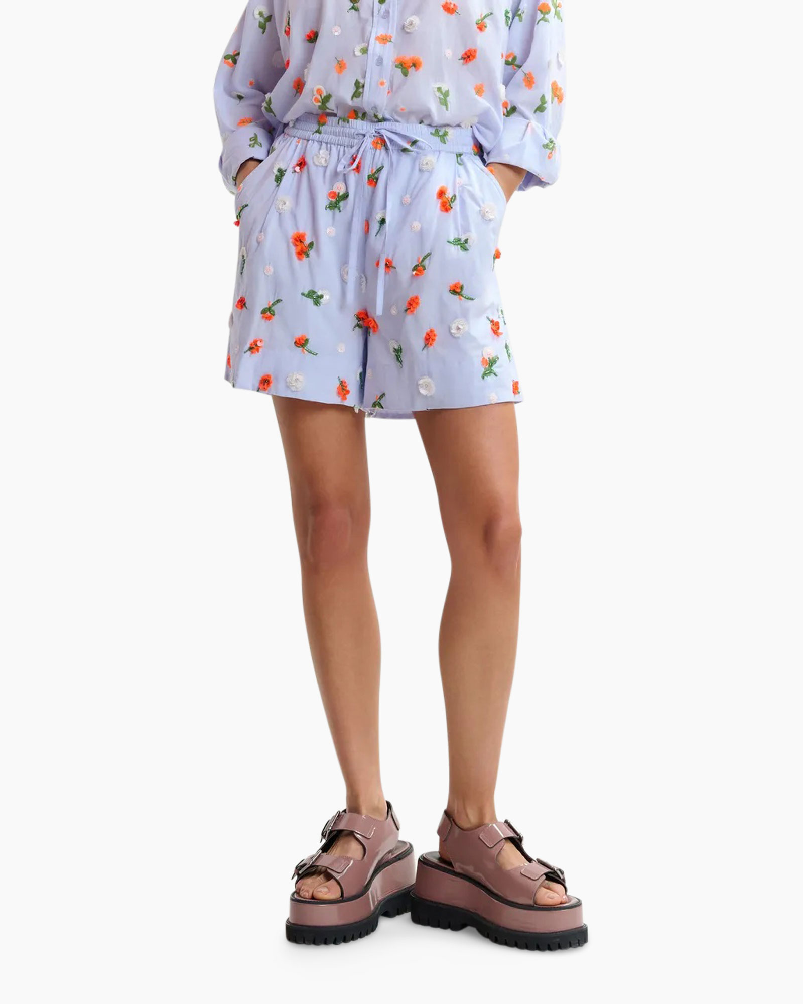shorts, loungewear, floral, drawstring, platform sandals