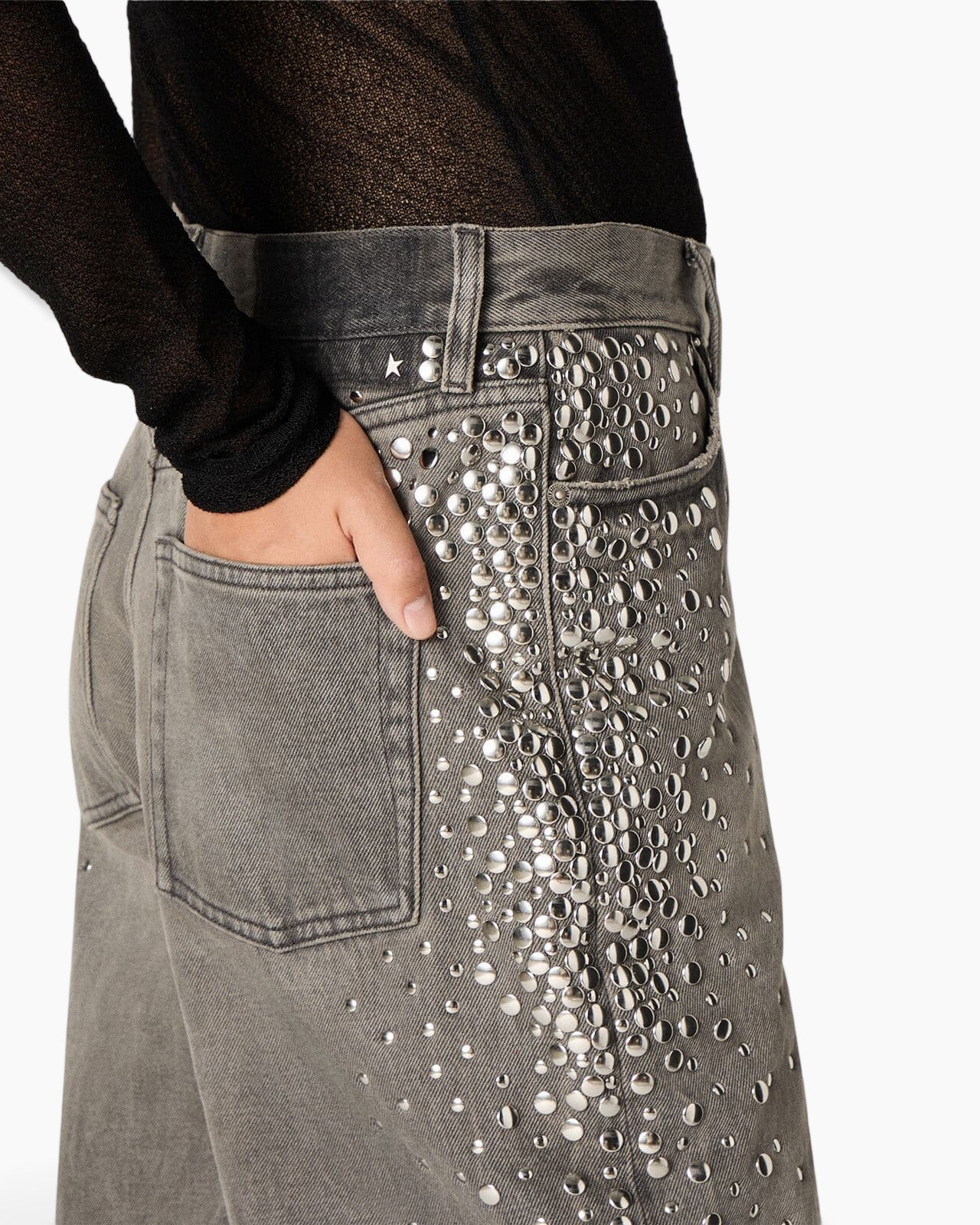 jeans, denim, metallic studs, embellished, pocket