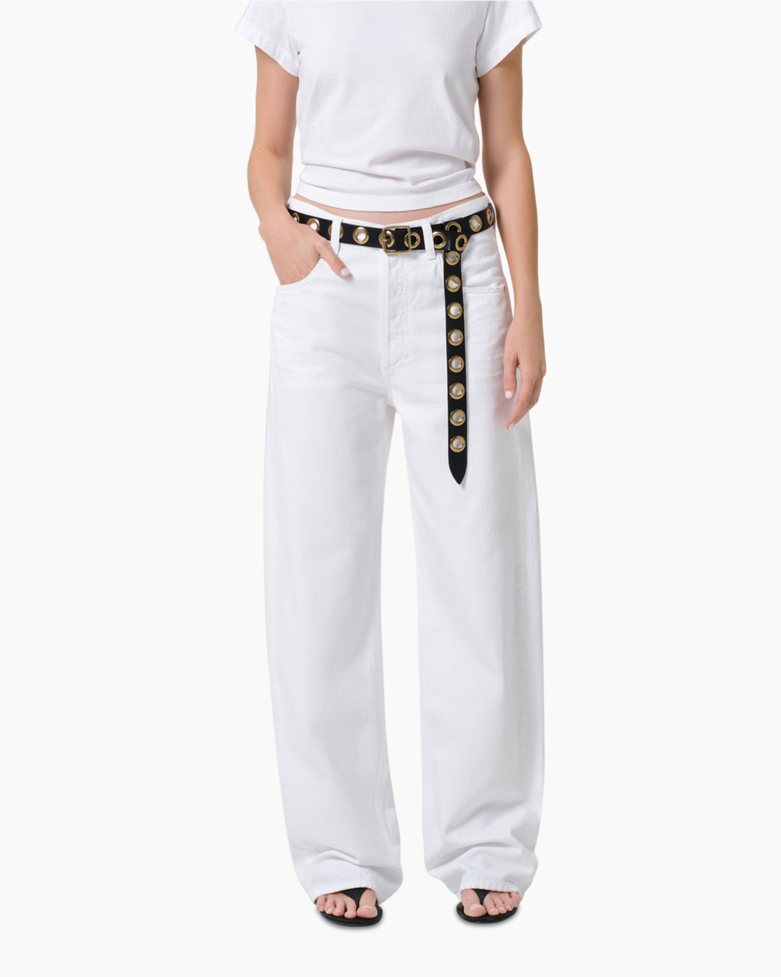 pants, white pants, wide-leg, belt, sandals