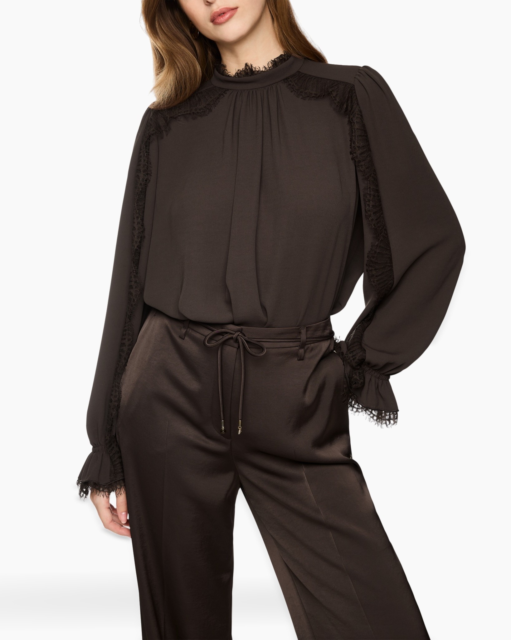 blouse, edge-lace, halslijn hoog, lange mouwen, donkerbruin