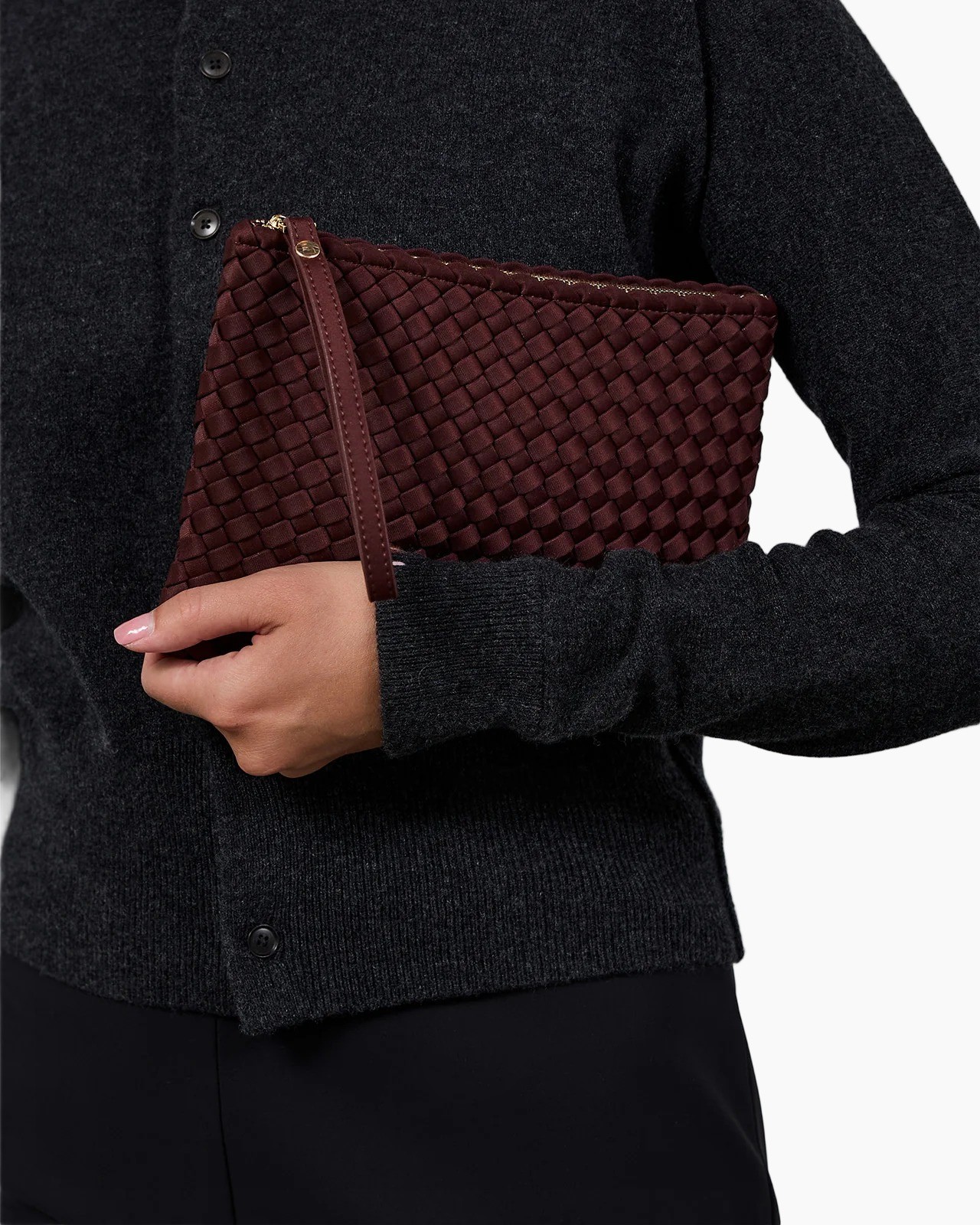 clutch, gewoven, burgundy, tasje, handvat