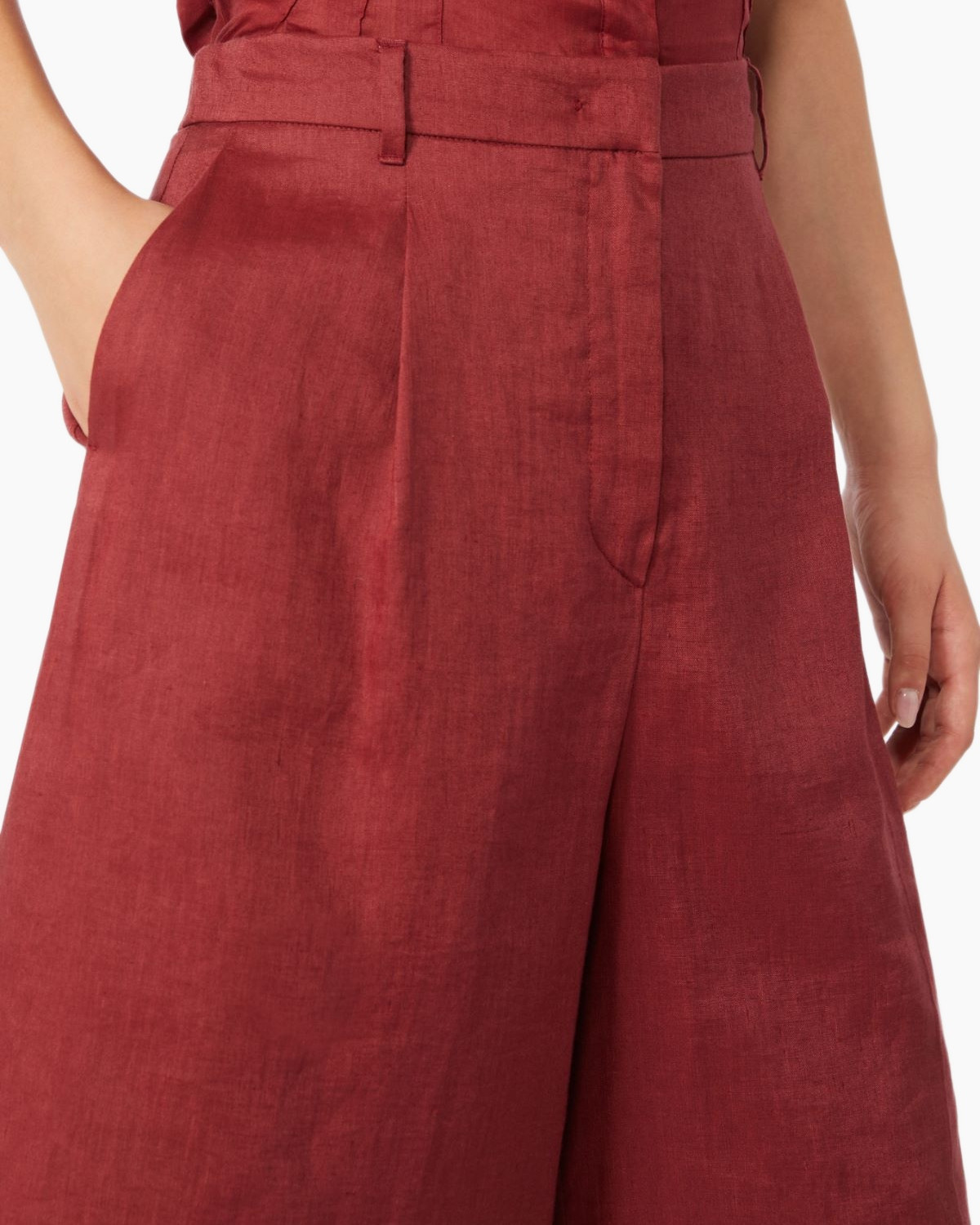 rood, linnen, broek, wijdgevorm, hoog taille