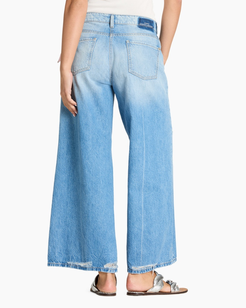 distressed jeans, wide-leg, light wash, ripped denim, ankle-length sandals