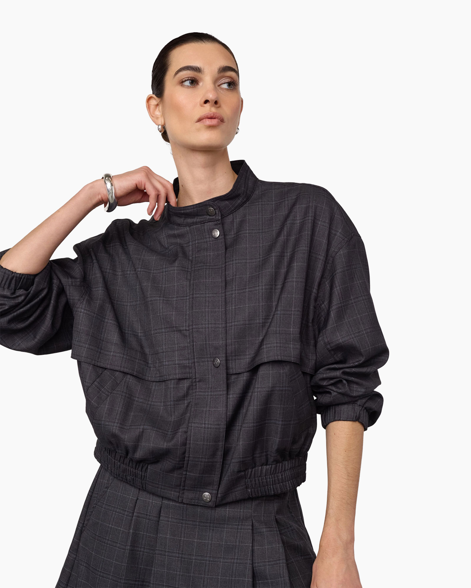 jas, buitenkleding, ruitjes, grijs, elastische- taille