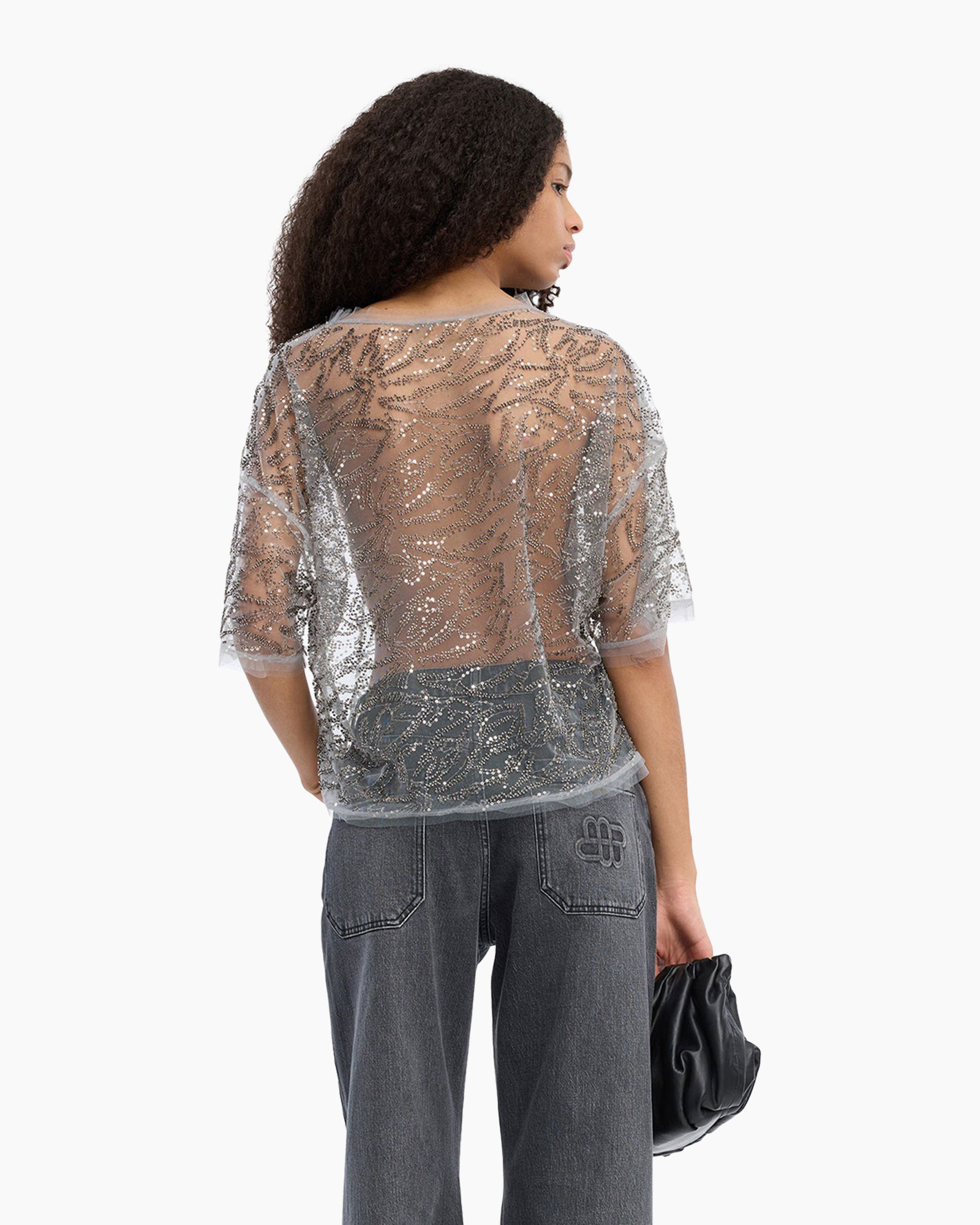 sequined top, blouse met gaas, zilveren top, korte mouw, transparante glans
