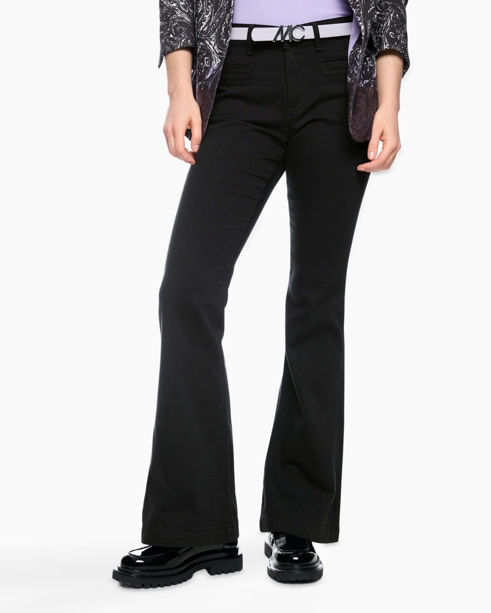 broek, broeken, zwart, flare, riem