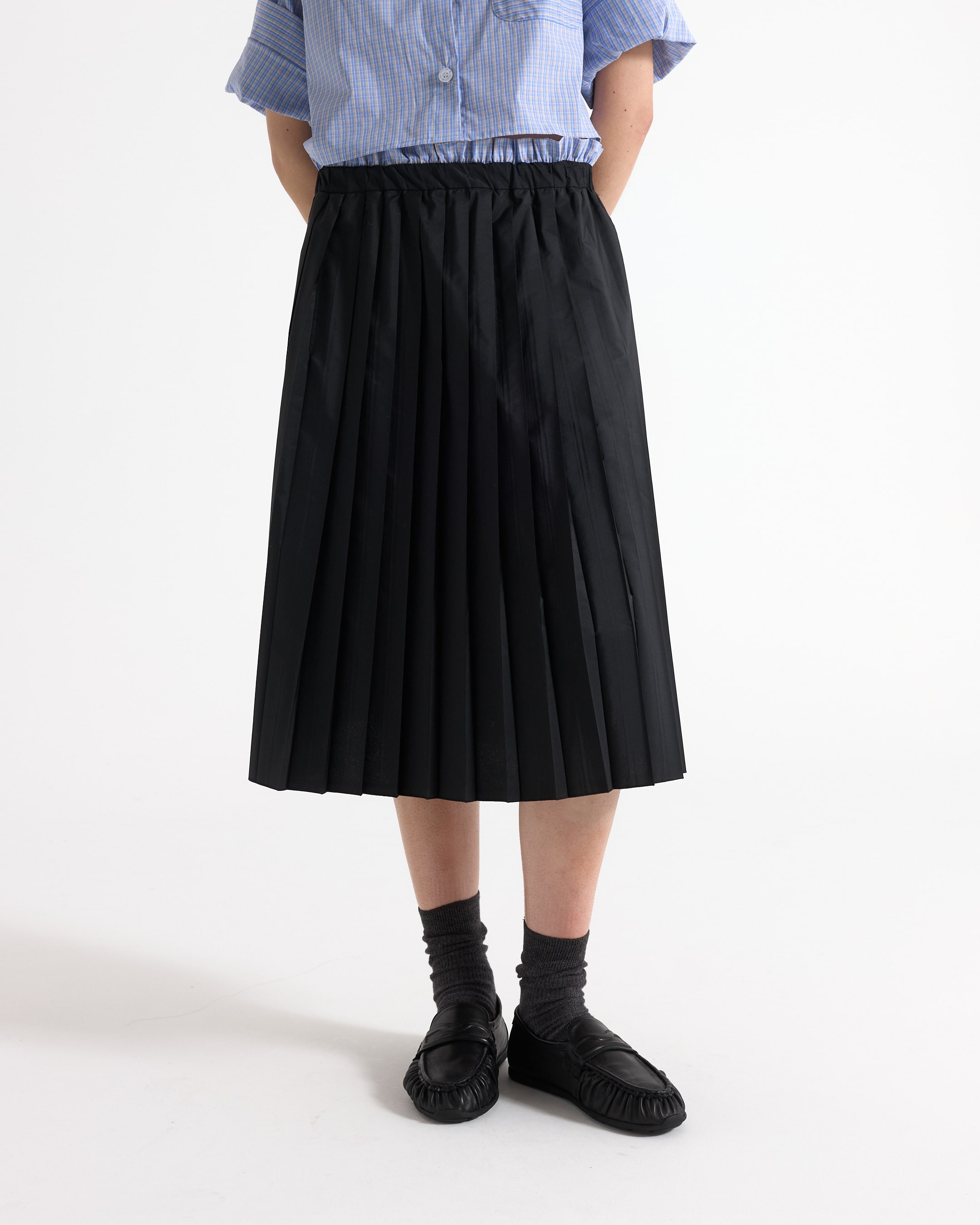blue striped shirt, button-up shirt, collared shirt, short sleeve, pleated midi skirt