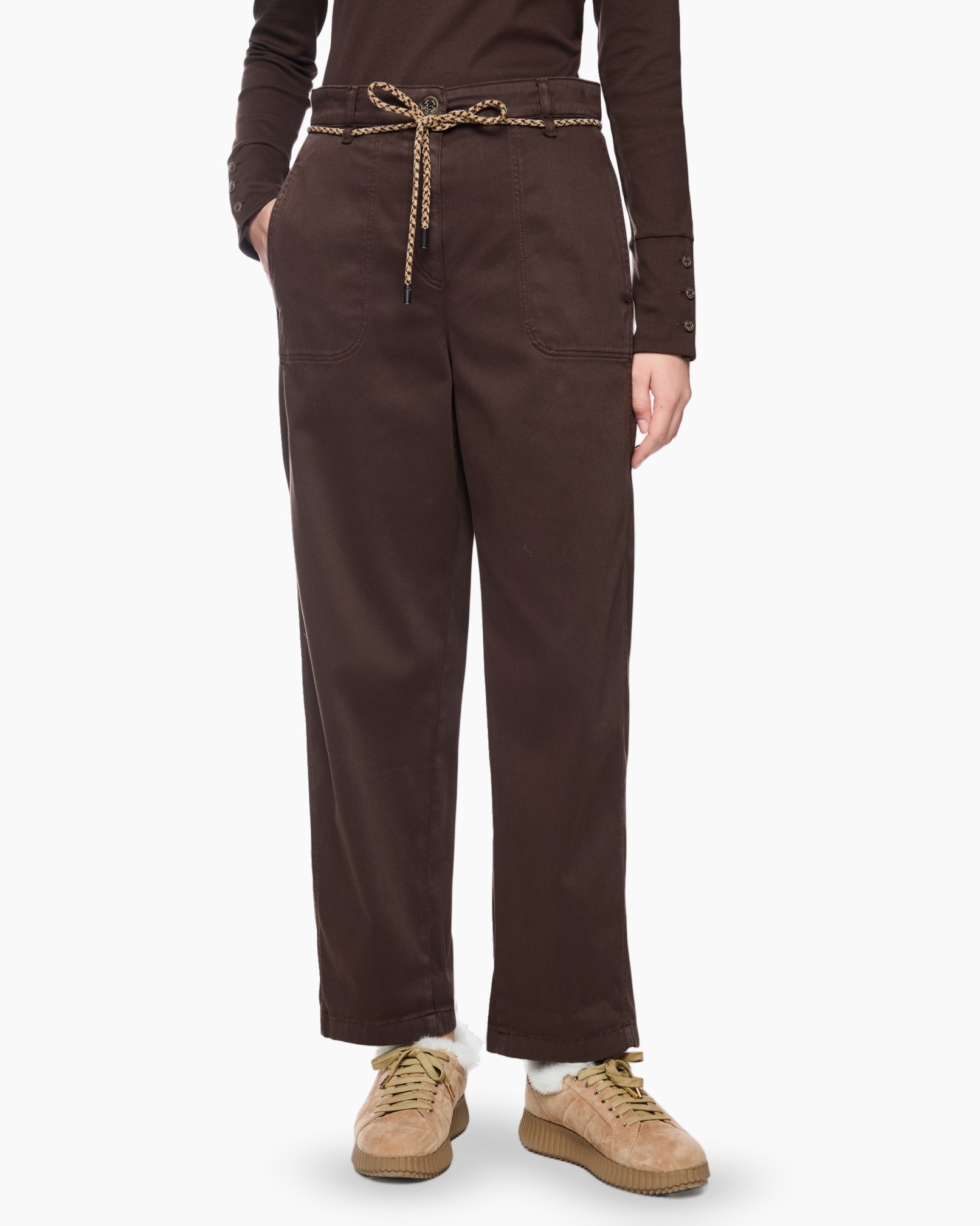 bruine broek, hoge taille, broek met riem, voorvakken, casual broek