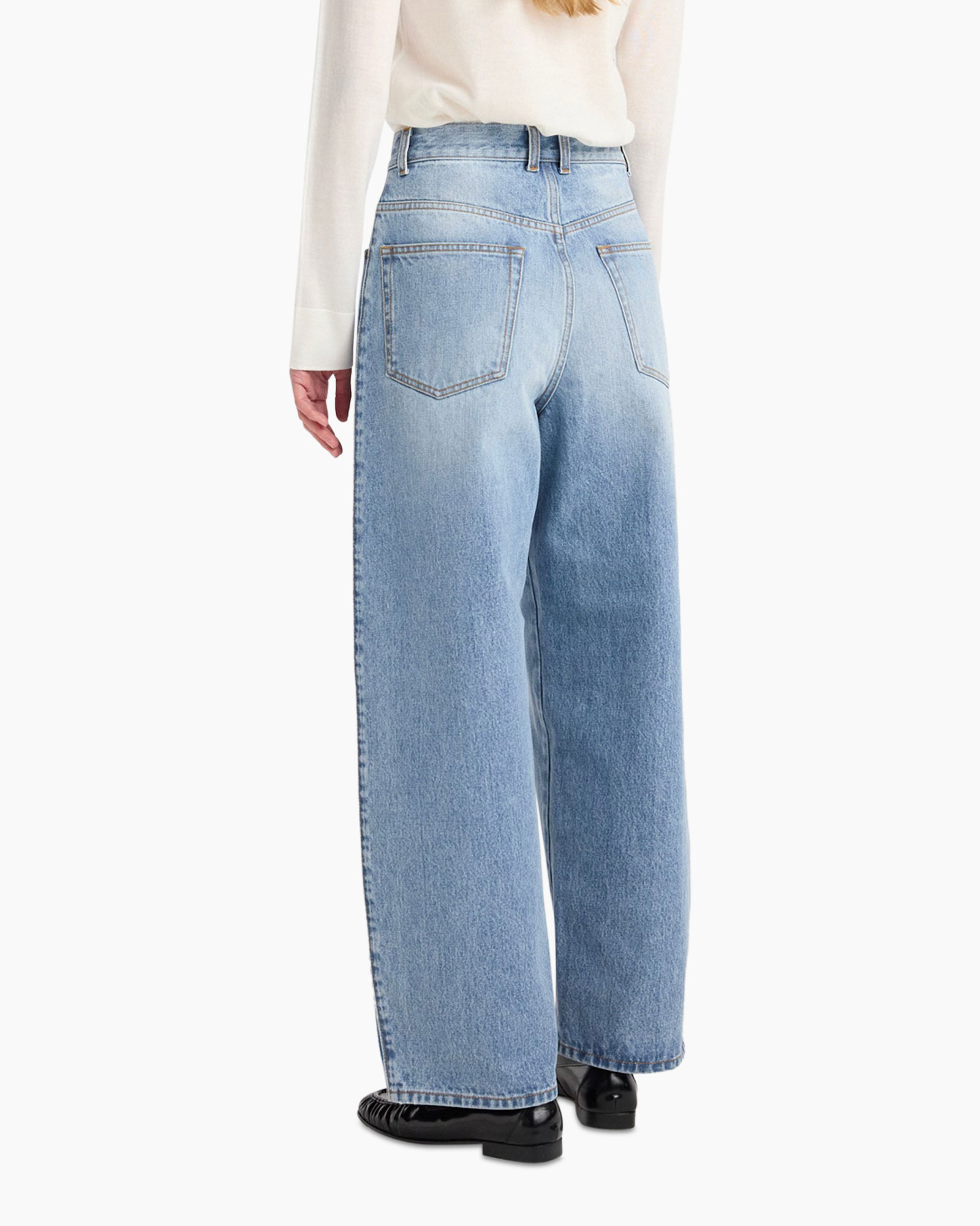 spijkerbroek, wijd uitlopend, achterkant, lichtblauw, denim