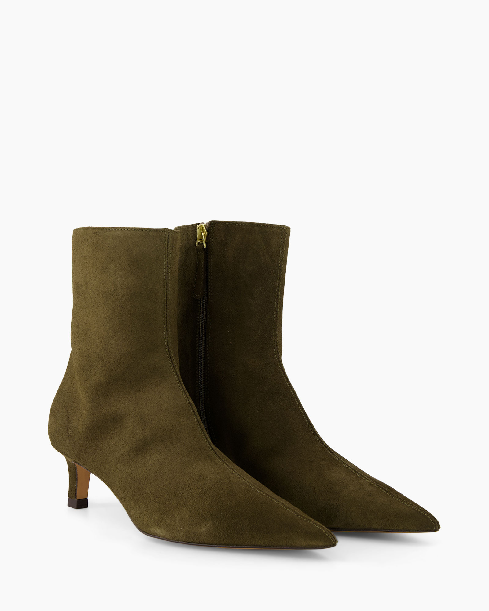 ankleboot, suede, olijfgroen, middenhak, puntneus